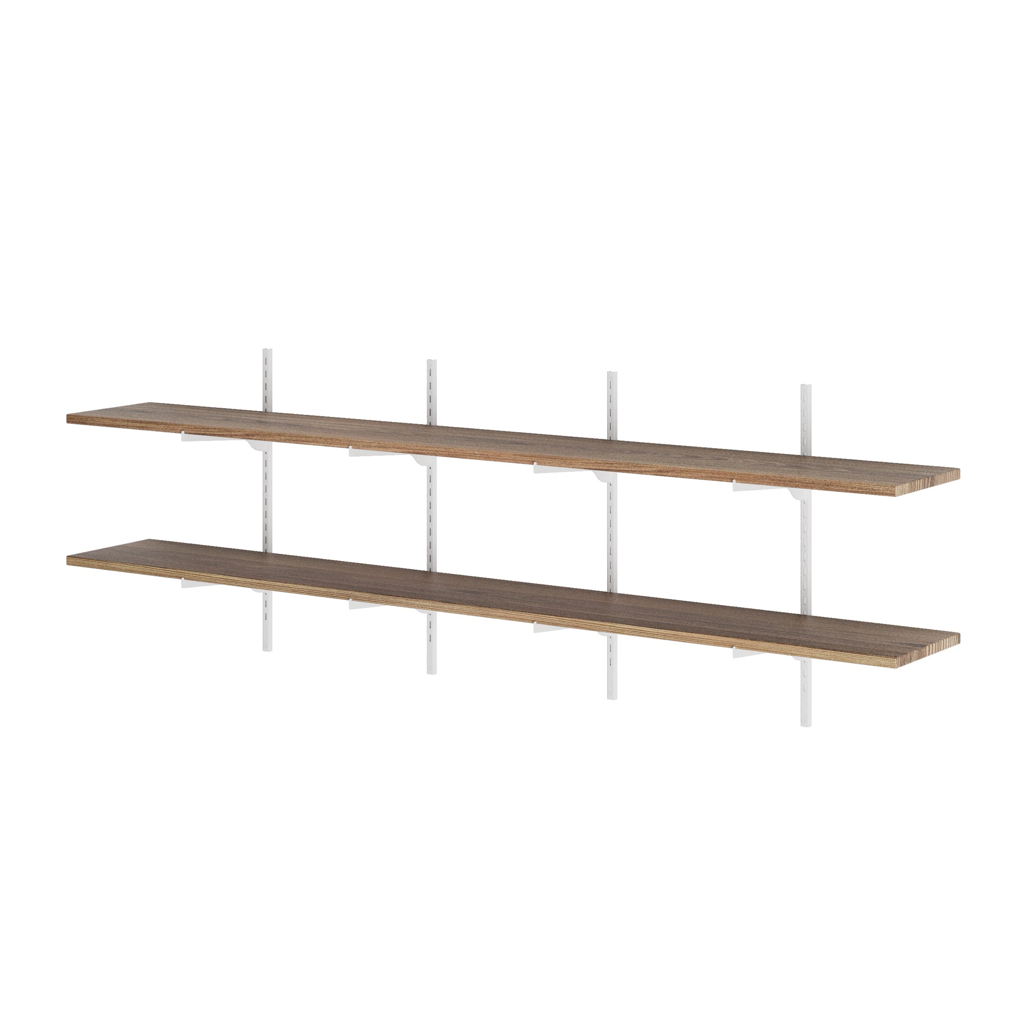 Two 72 inch long wooden shelves with metal brackets on a white background