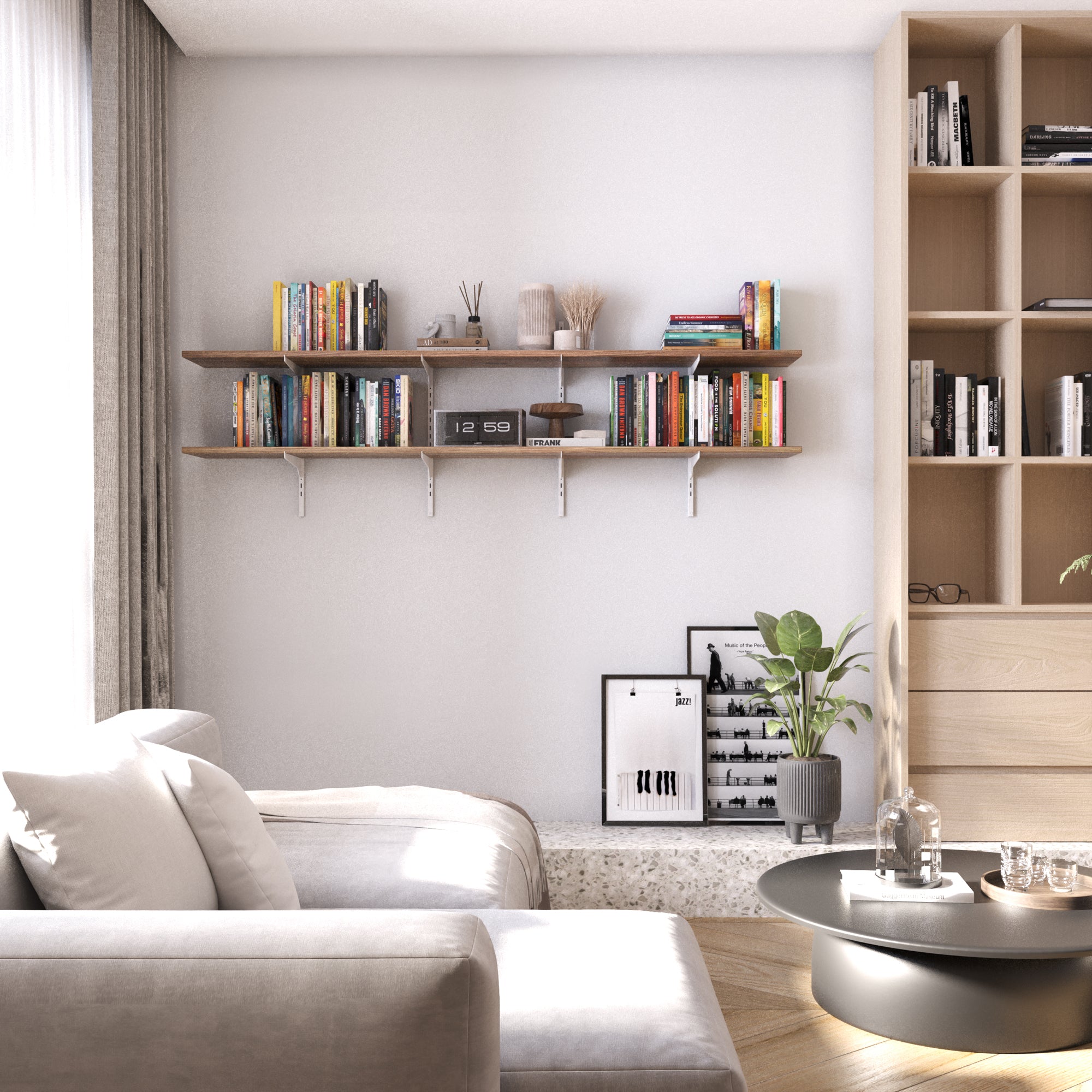Modern living room with a sofa, coffee table, and 2 tier farmhouse bookshelves for living room decor.