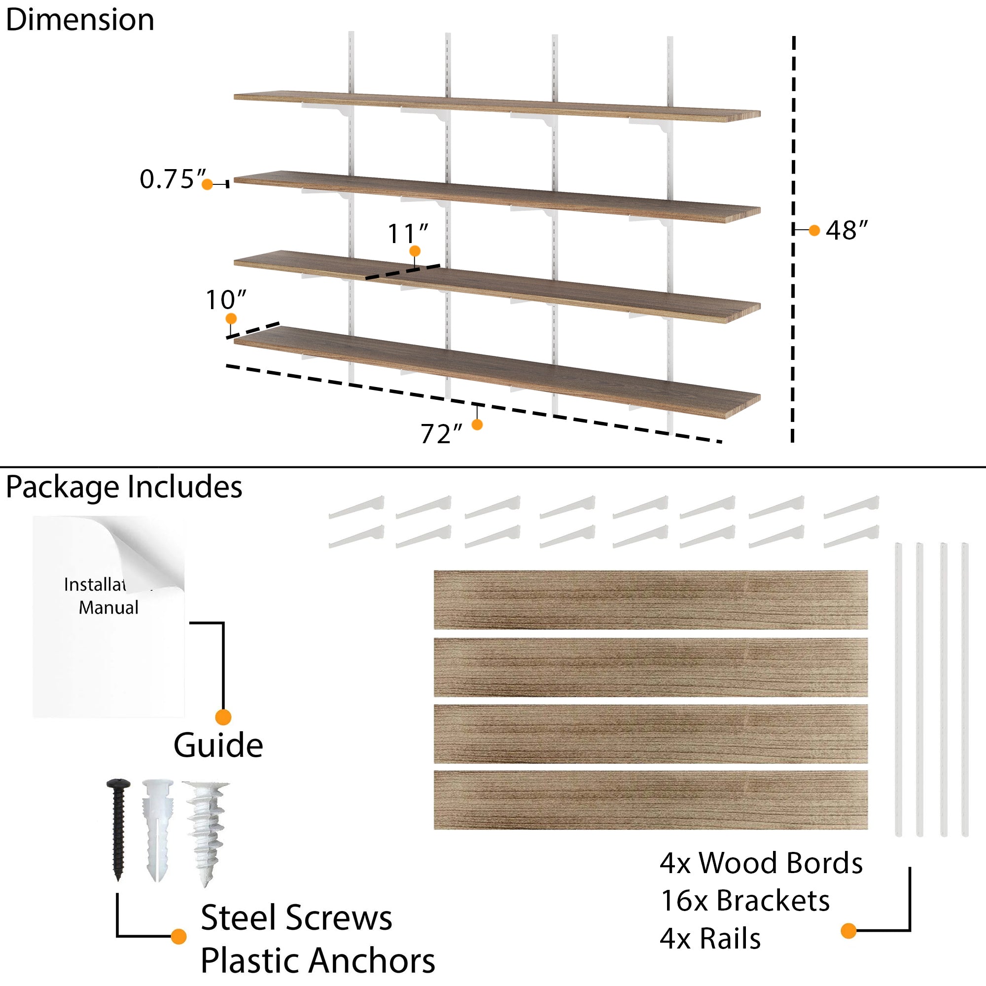 72 inch long and 10 inch deep, 5 tiered adjustable shelving unit with dimensions and package contents including wood boards, brackets, screws, and a guide.