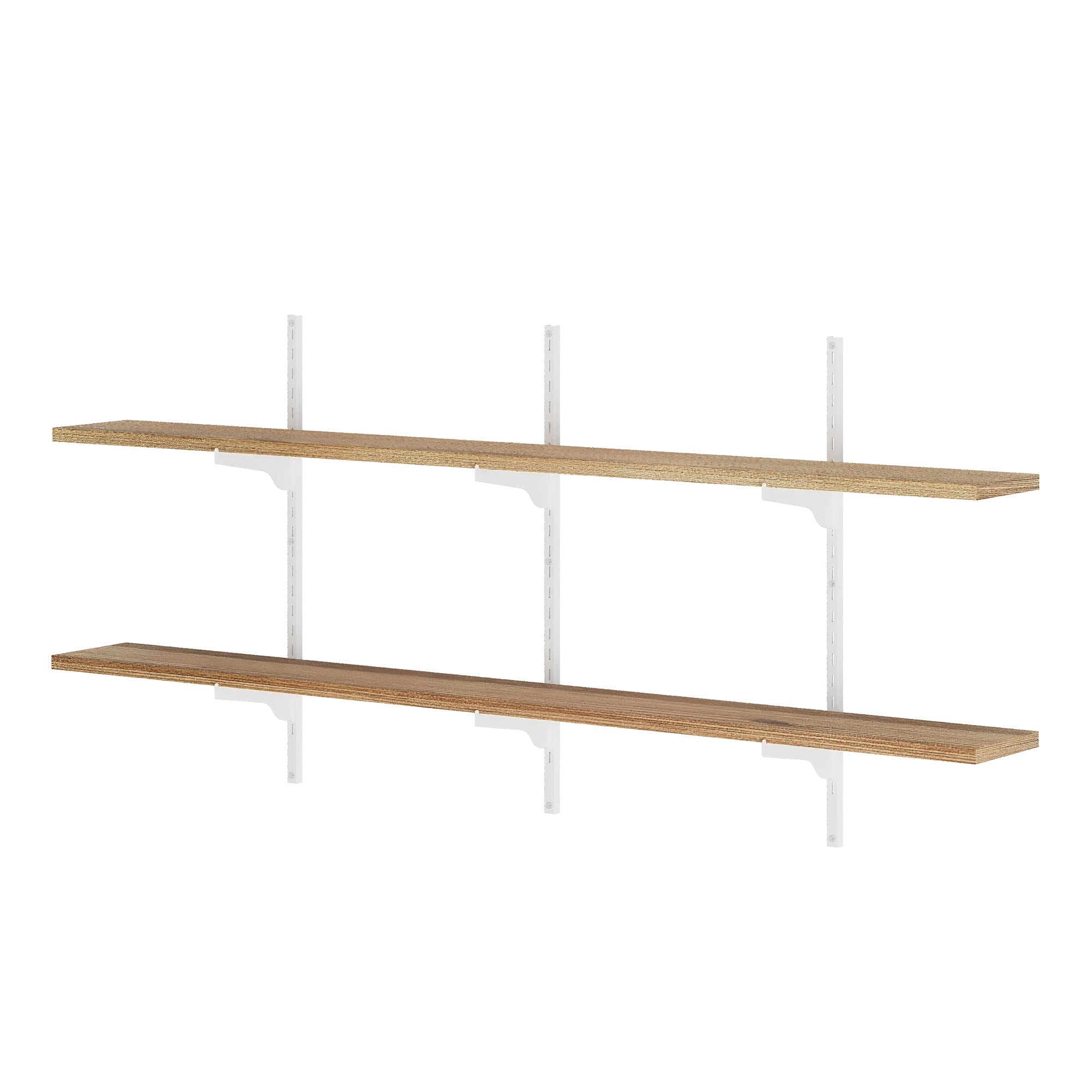 A two-tier adjustable shelving unit with white metal rails and natural wood boards, showcasing a sleek, minimal, and versatile design.