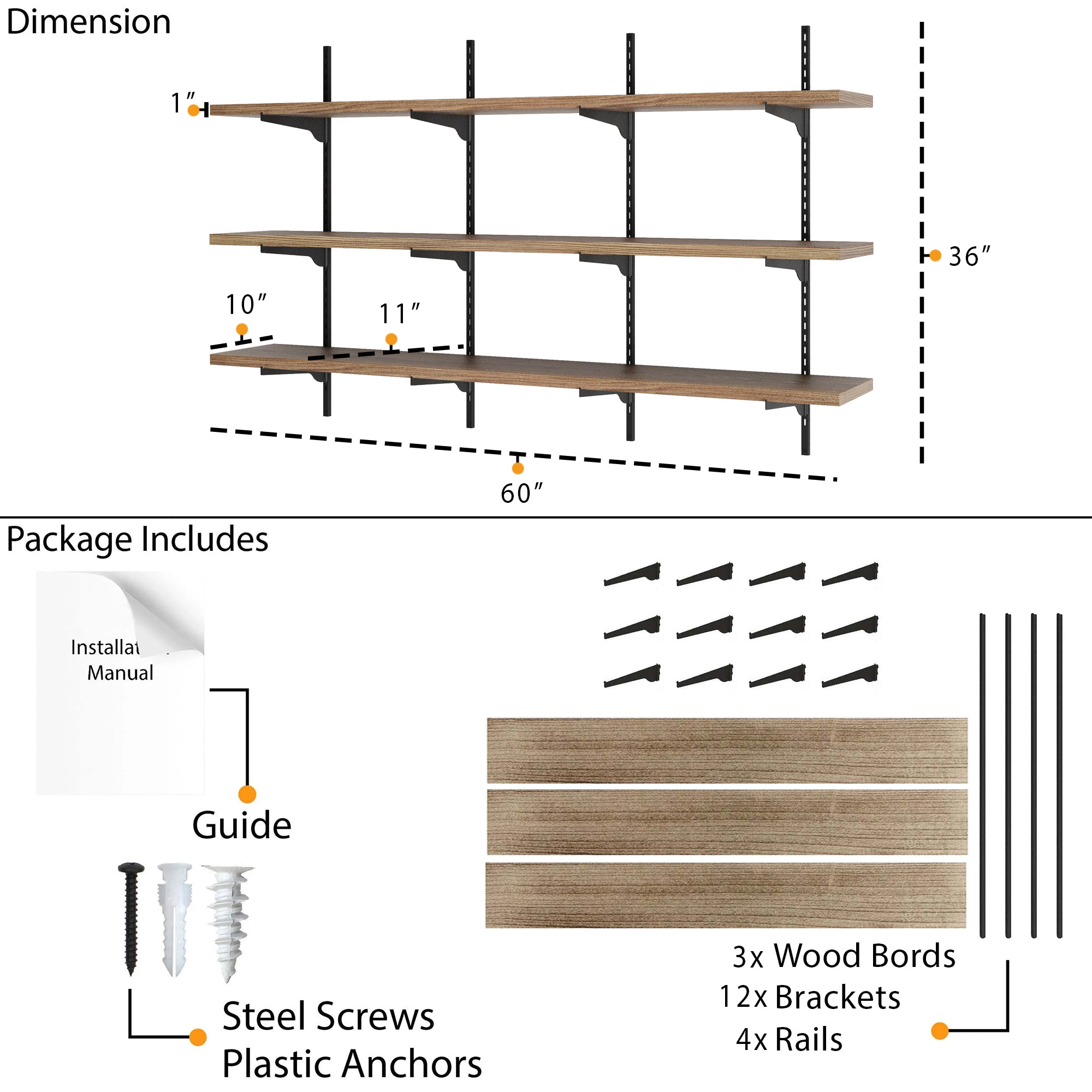 Dimension and package layout showing 60"x10"x1" wood boards, 36" rail height, 12 brackets, screws, anchors, and installation guide included for easy setup.