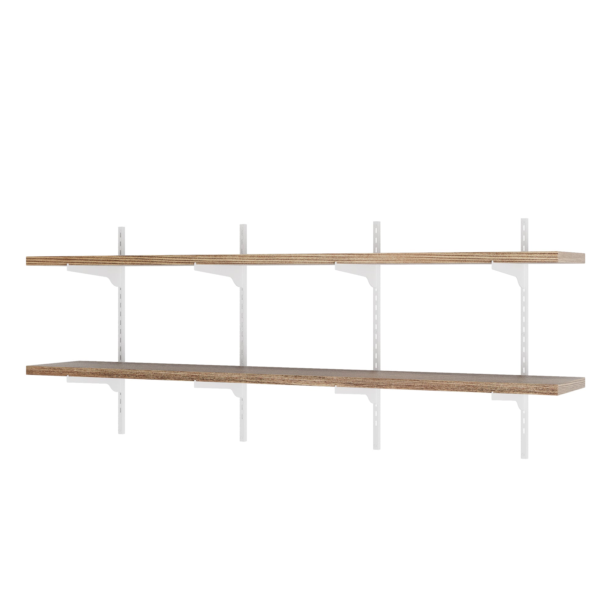 2 tiered real wood wall shelving unit with metal brackets on a white background