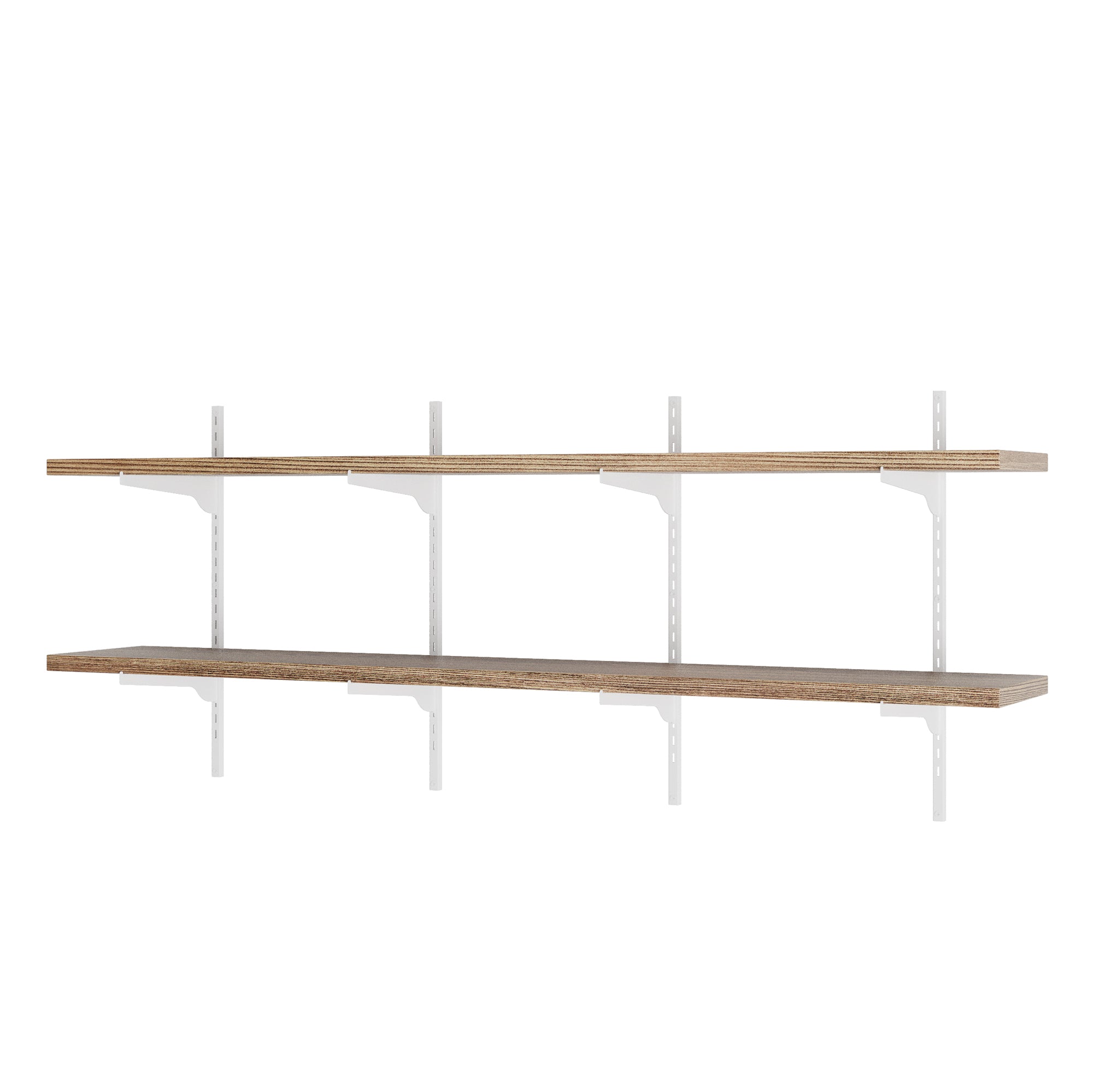 2 tiered real wood wall shelving unit with metal brackets on a white background