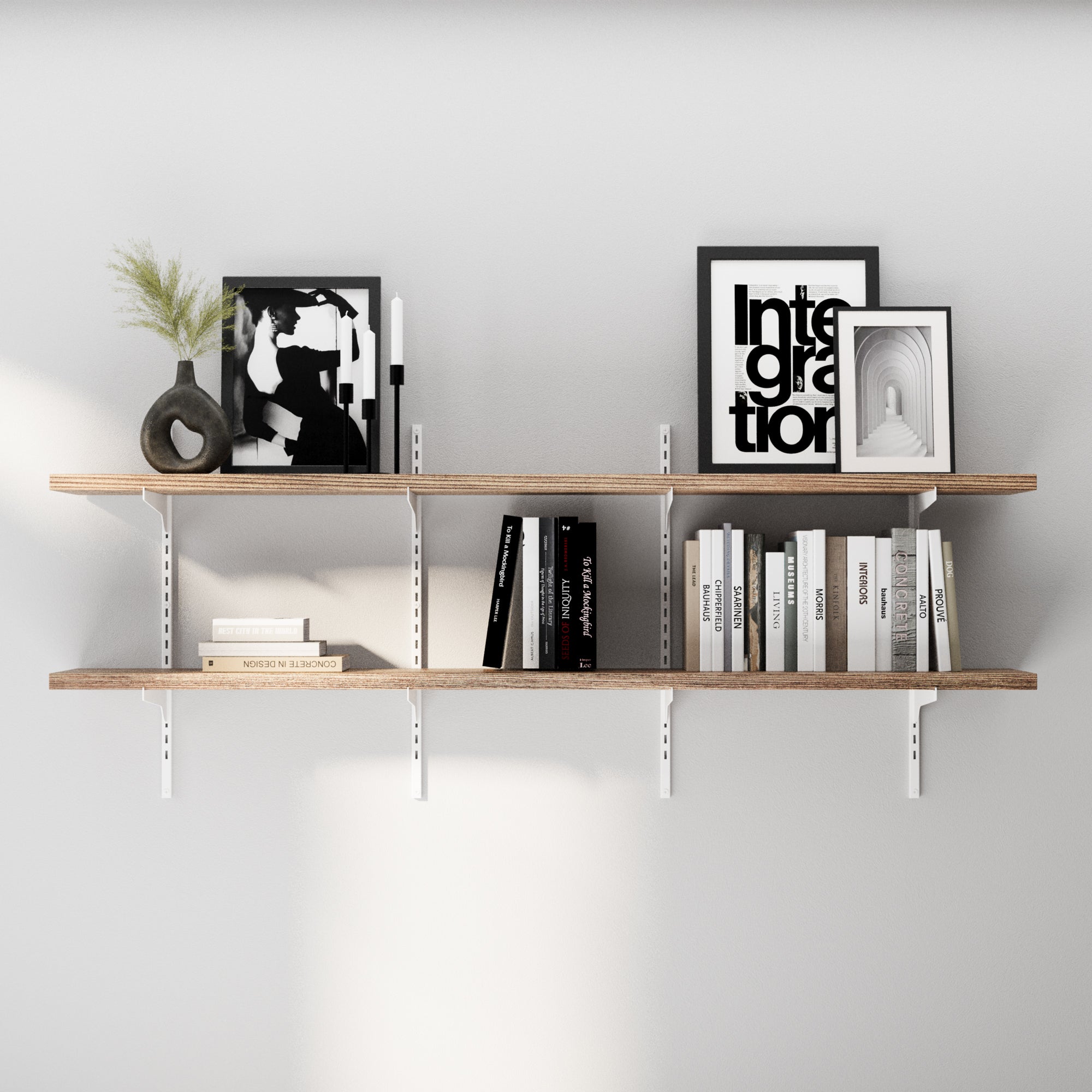 2 tier adjustable wooden shelves with books and decorative items against a white wall