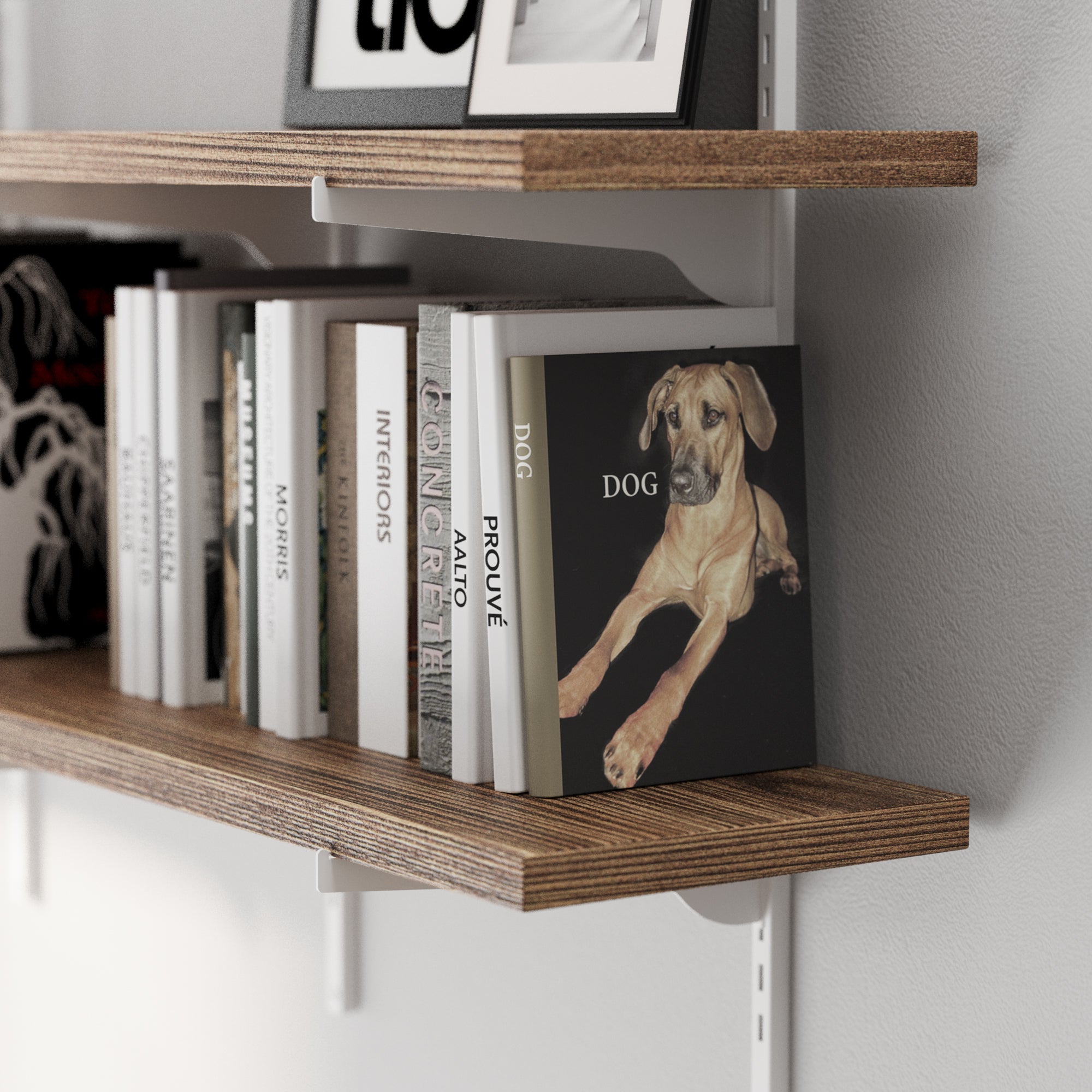 Rustic shelf with books and a framed picture on a white wall.