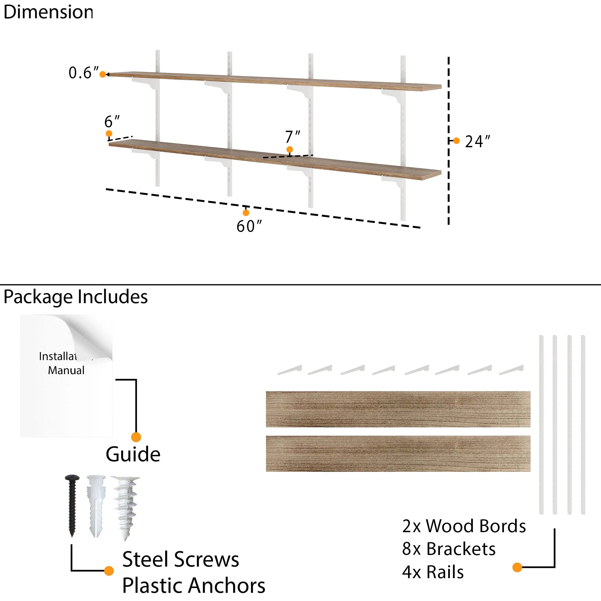Dimension and package layout showing 60"x6"x0.6" wood boards, 24" rail height, 8 brackets, screws, anchors, and installation guide included for easy setup.