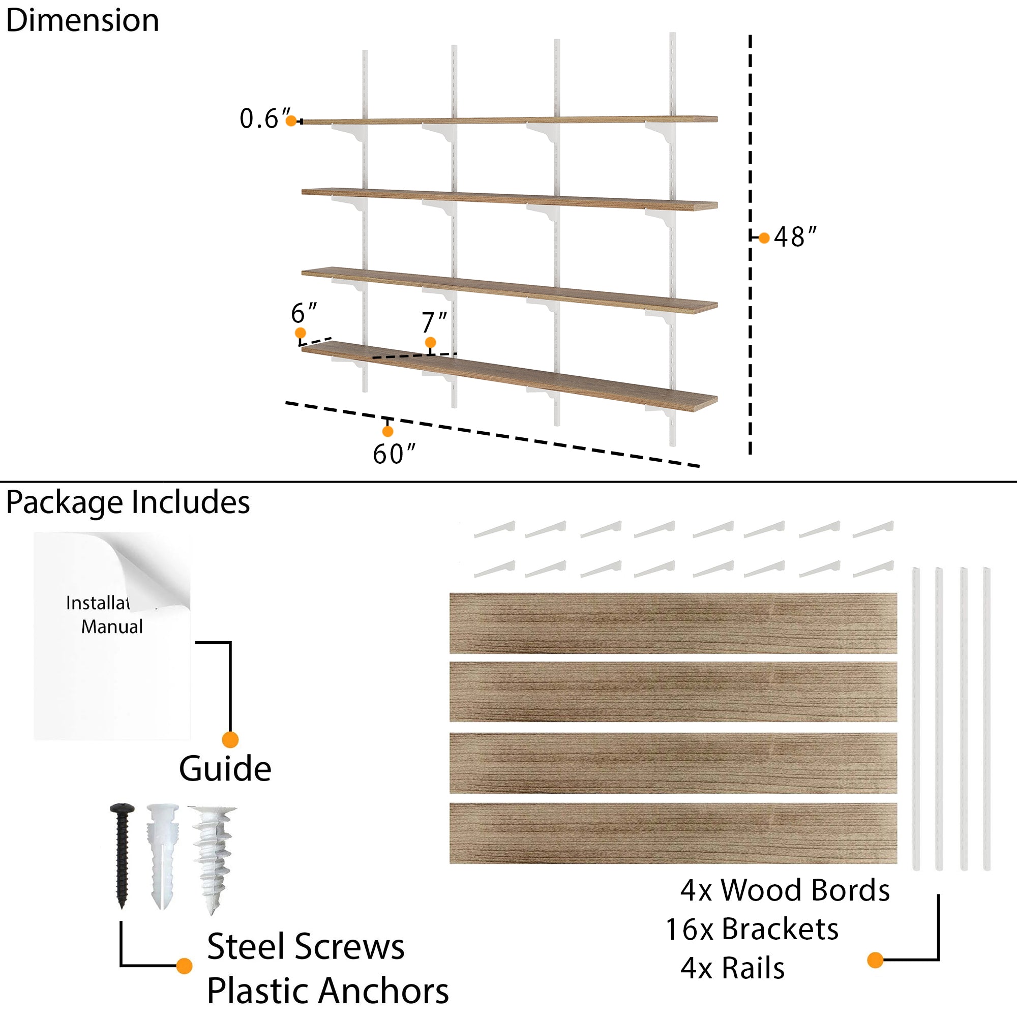 Dimension and package layout showing 60"x6"x0.6" wood boards, 48" rail height, 16 brackets, screws, anchors, and installation guide included for easy setup.