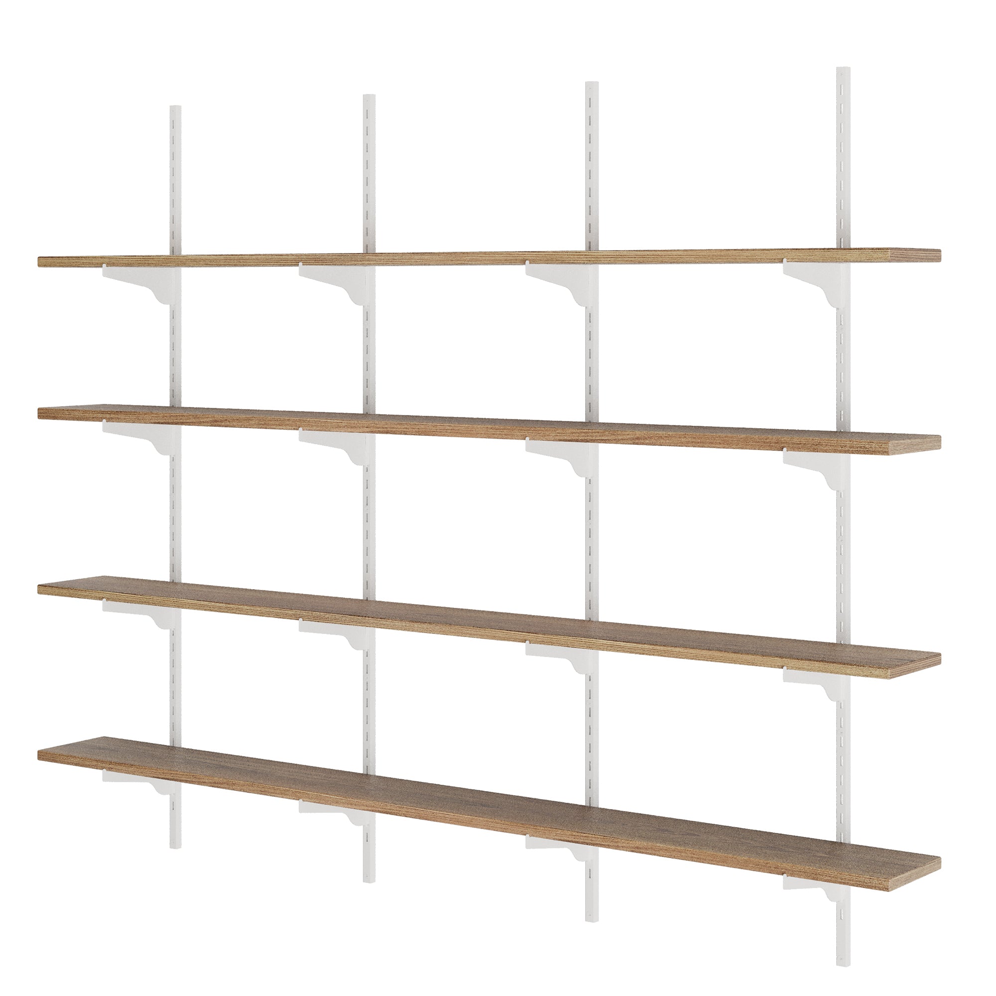 4 tiered long floating shelves with white metal brackets on a white background