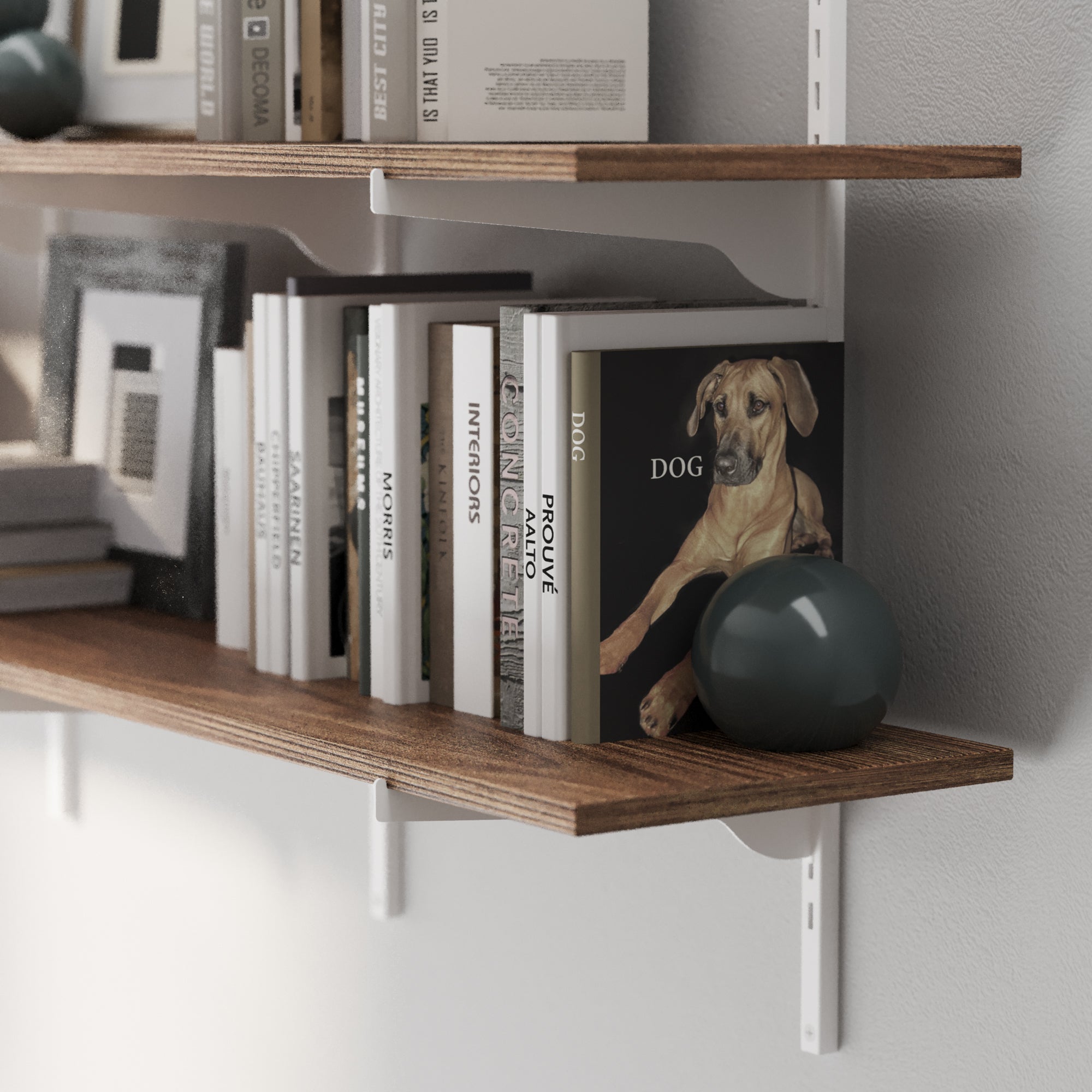 Wood wall book shelf and white bracket, showcasing rich wood grain, sturdy support, and neatly arranged books with a decorative accent piece.