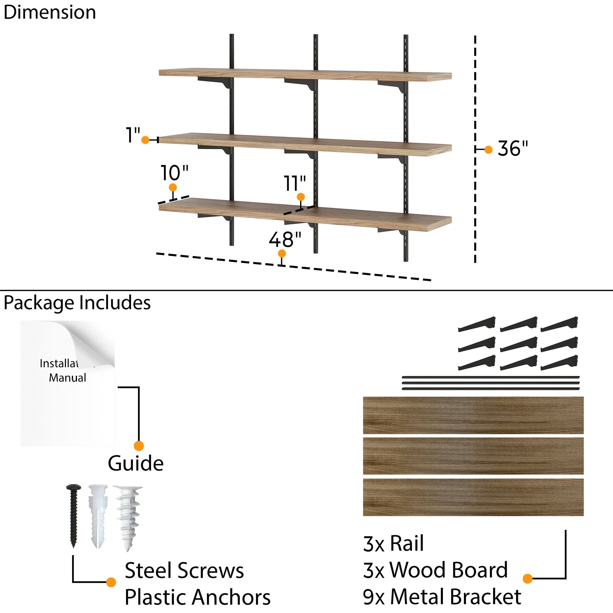 Dimension and package layout of a 3-tier shelf set with 48" width, 36" rail height, 10–11" depth, and 1" thickness. Includes 3 rails, 3 wood boards, 9 metal brackets, screws, anchors, and installation guide.
