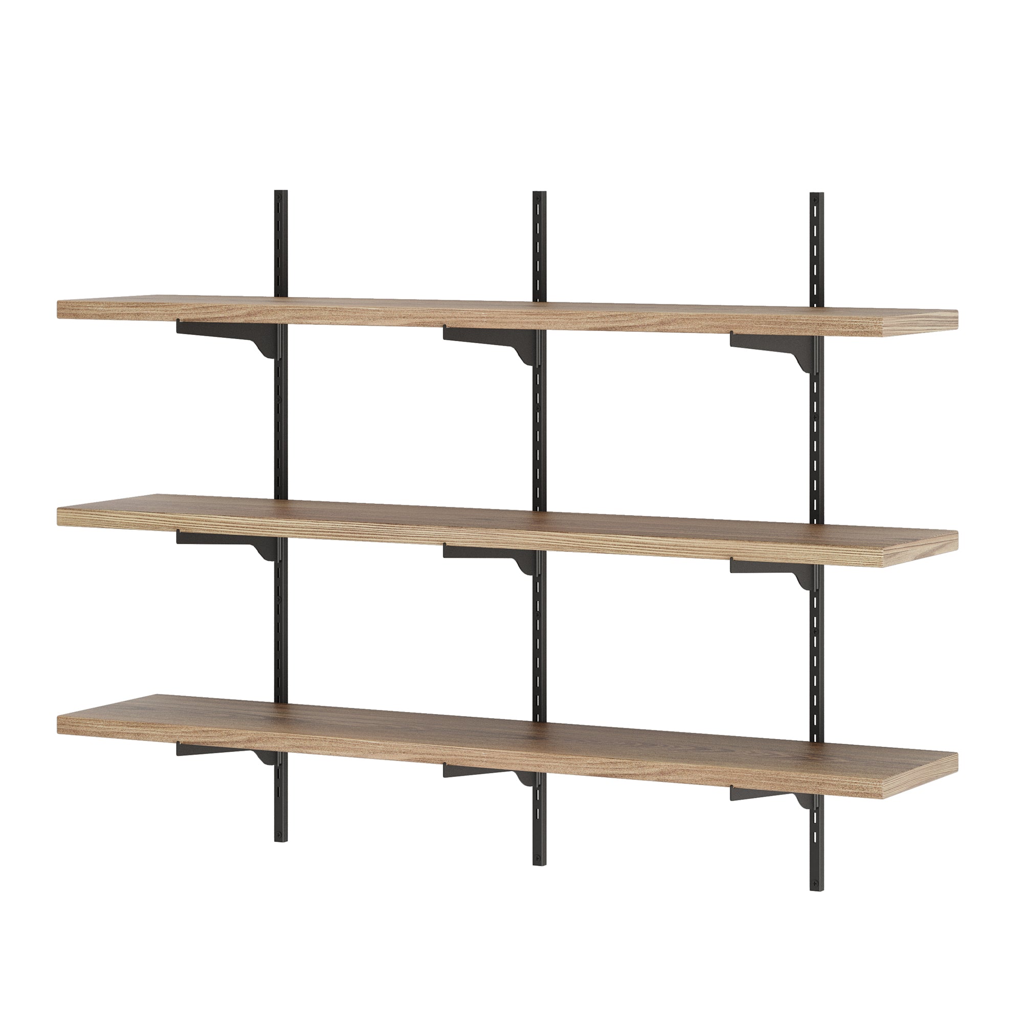 A three-tier wall-mounted shelving unit with black metal rails and brackets paired with warm wood boards, showcasing a sturdy, adjustable design.