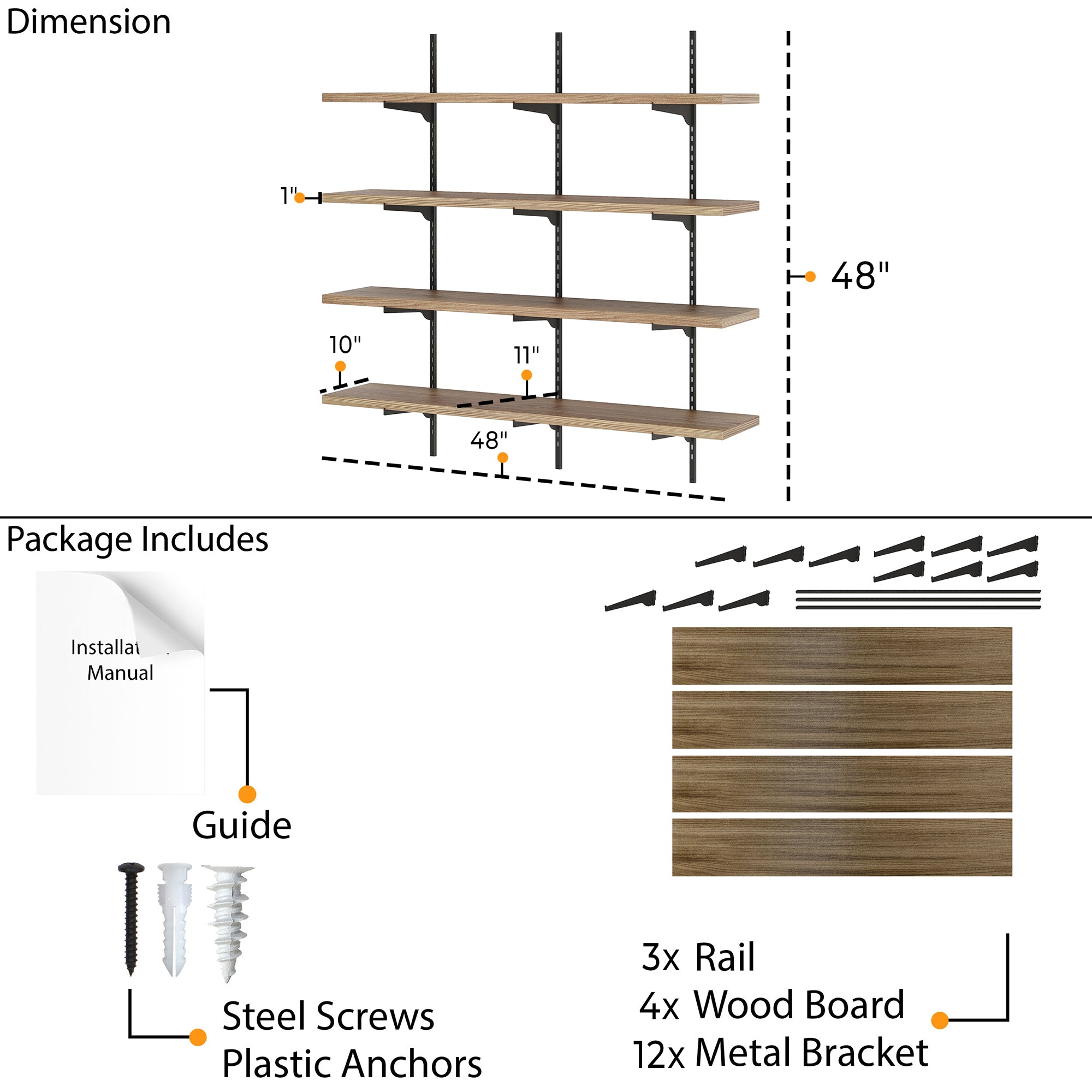 Dimension and package overview of a 4-tier wall shelf, 48" wide and 48" tall. Shows 10–11" depth and 1" thickness. Includes 3 rails, 4 wood boards, 12 metal brackets, screws, anchors, and installation guide.