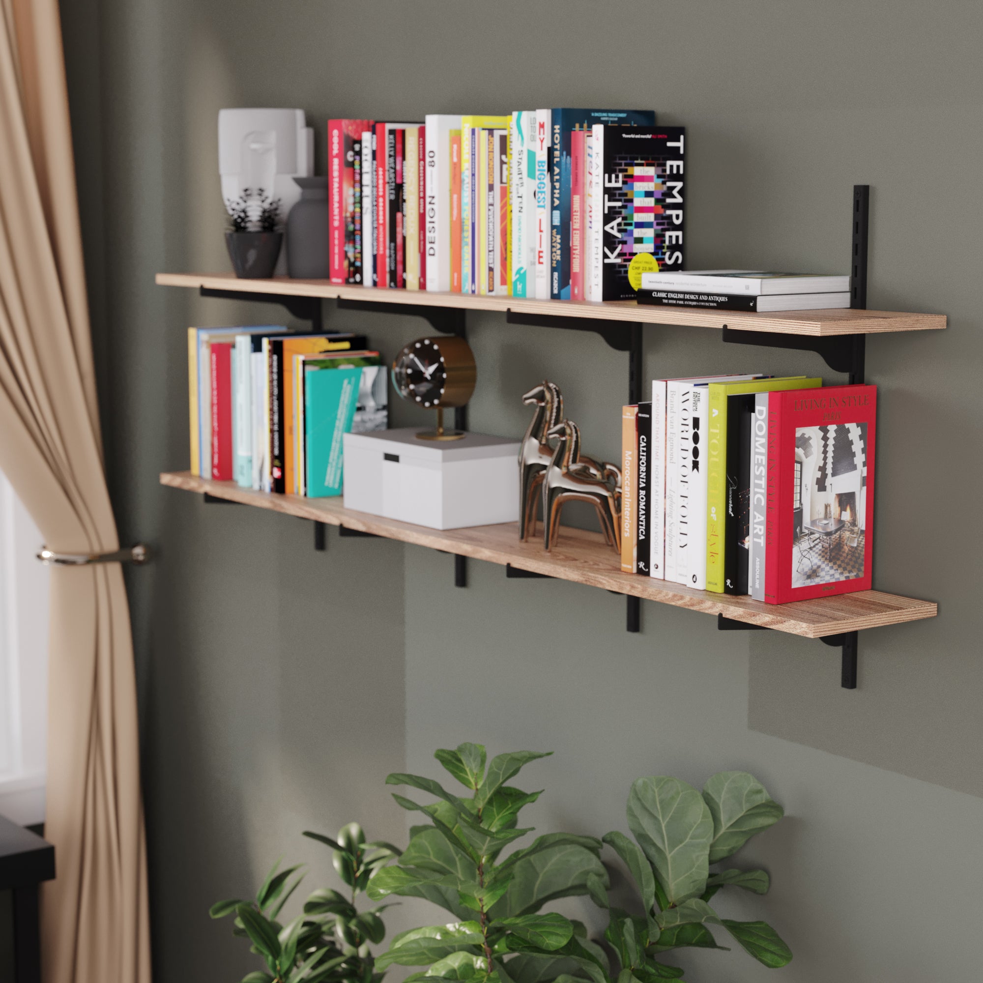 Floating shelf for living room decor with books and decorative items against a gray wall.