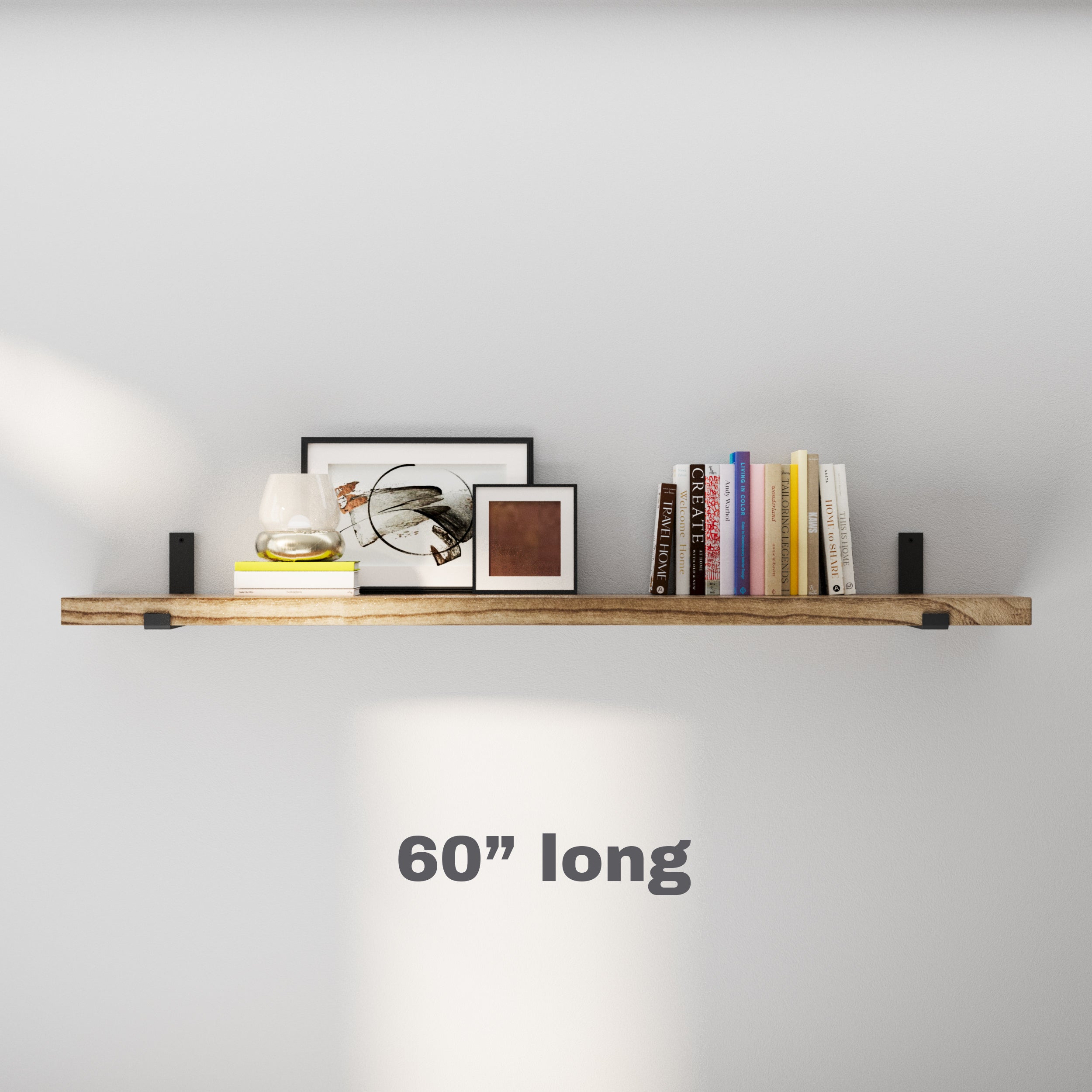 A single 60 inch rustic storage shelf with neatly arranged books and frames. Clean and modern, suitable for minimalistic interiors with ample space for decor.