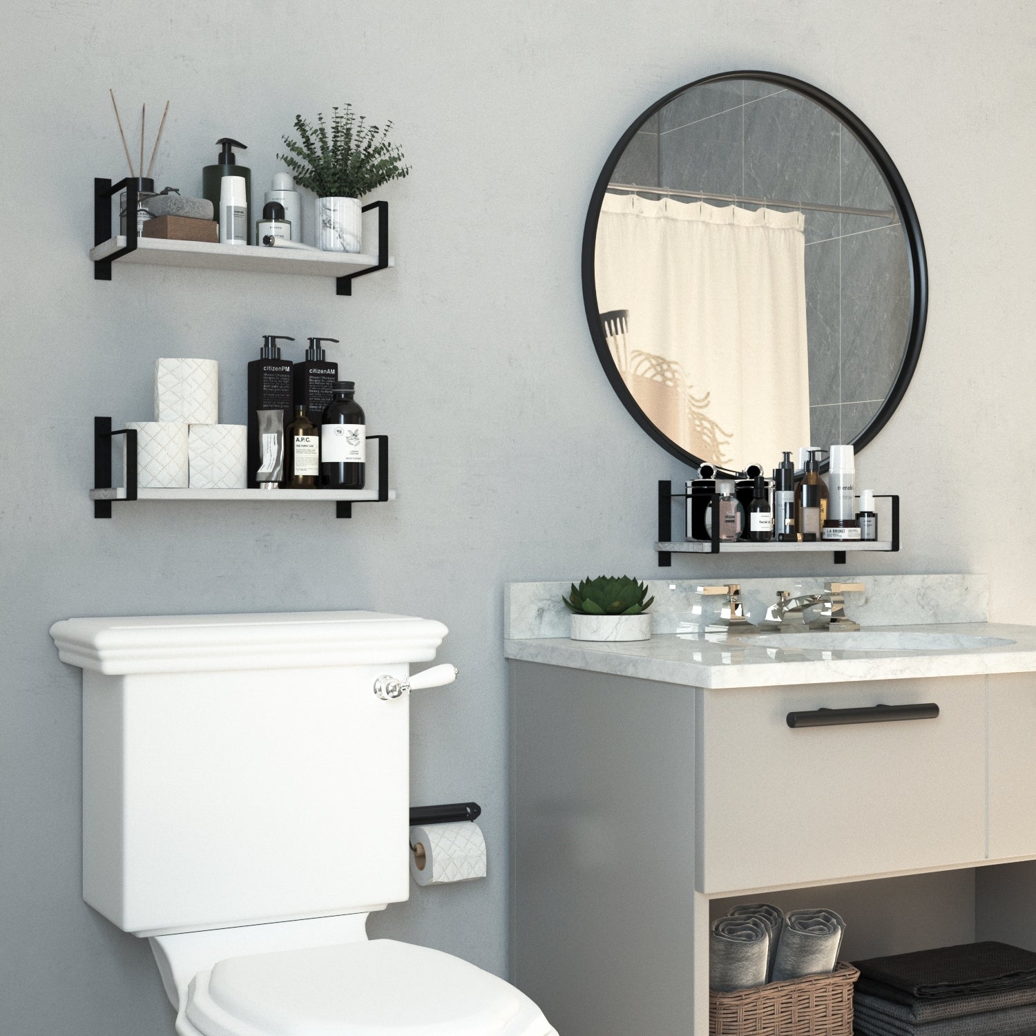 PONZA 17 Rustic Bathroom Shelf for Bathroom Decor, Wall Bathroom Organizer  – Set of 2, or 3 - Burnt with White Brackets