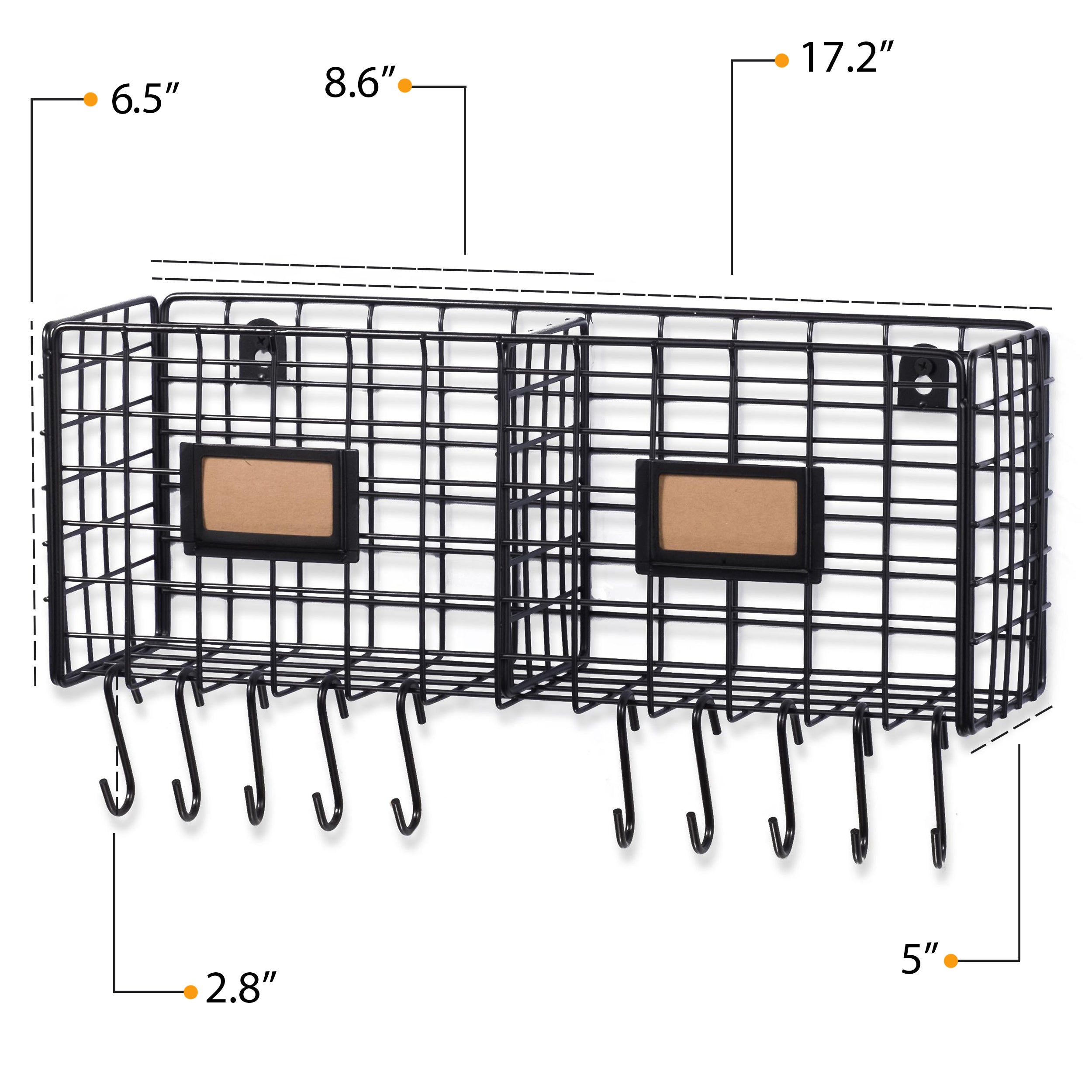AMALFI Home Organizer Wire Basket Wall Wire Rack with 10 Hooks for Hanging - 2 Sectional  - Black - Wallniture