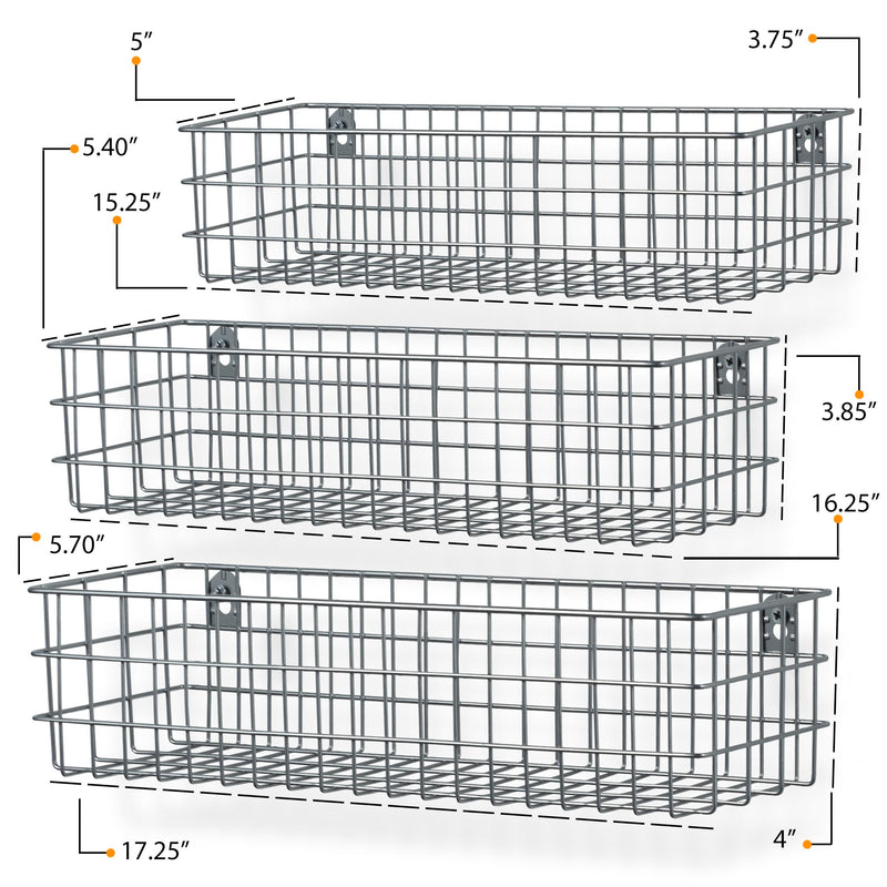 KANSAS Wire Baskets Wall Wire Rack - Multi-Size - Set of 3 - Black, White, Gray - Wallniture