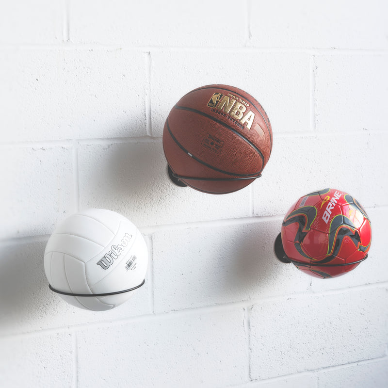 SPORTA Wall Mounted Sports Ball Holder Rack Display Storage - Set of 1, or 3 - Black - Wallniture