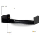A black metal U-shape wall shelf with the following dimensions: 3.5 inches height, 1 inch thickness, 17 inches width, and 6 inches depth. This sleek and modern hanging shelf is perfect for any minimalist decor.