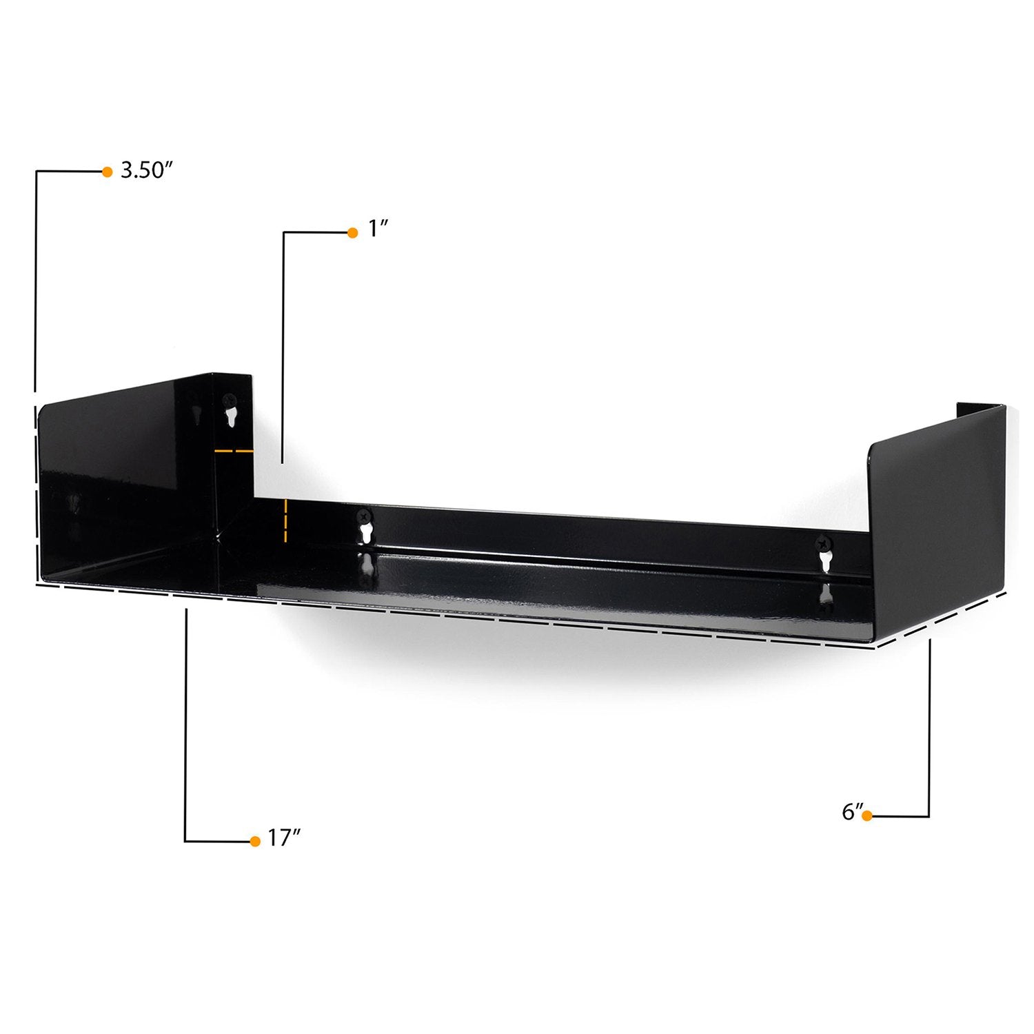 A black metal U-shape wall shelf with the following dimensions: 3.5 inches height, 1 inch thickness, 17 inches width, and 6 inches depth. This sleek and modern hanging shelf is perfect for any minimalist decor.