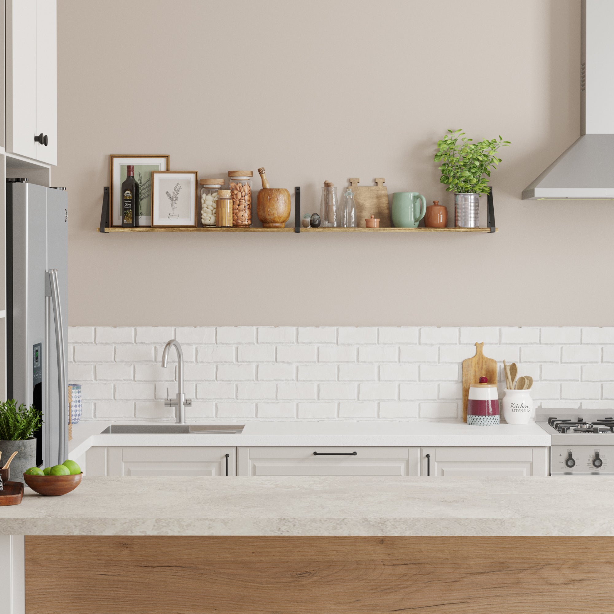 A well-organized kitchen shelf above a white tiled backsplash. The shelf holds various kitchen items like jars, bottles, a small plant, and decorative objects. Below, there's a modern countertop with cabinets and built-in appliances, suggesting a tidy and functional kitchen space.