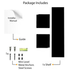 The package contains an installation manual, mini level, metal anchors, screws, and a 24 inch black shelf, ensuring easy installation and secure mounting.