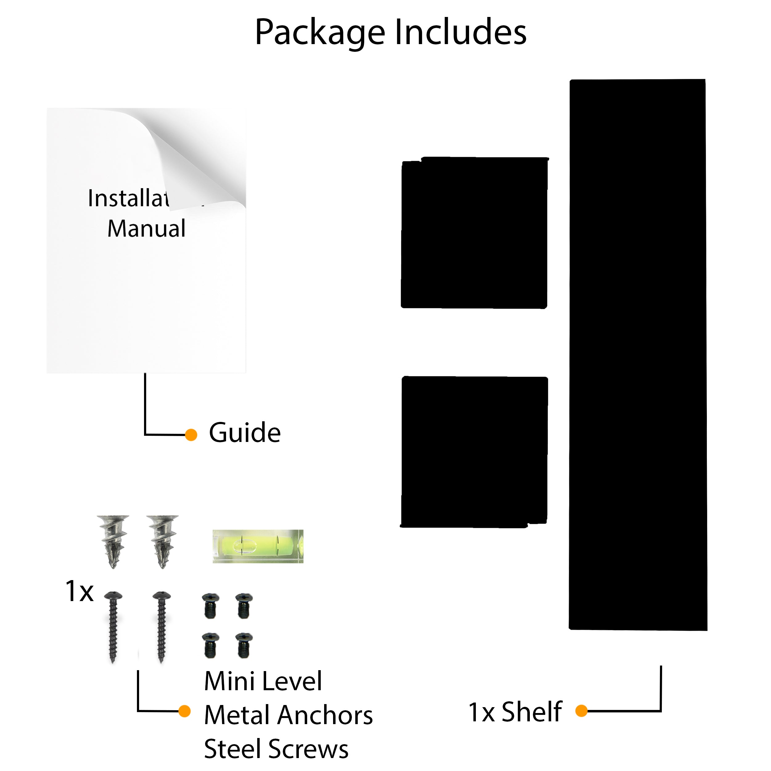 The package contains an installation manual, mini level, metal anchors, screws, and a 24 inch black shelf, ensuring easy installation and secure mounting.