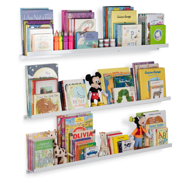 METALLO Picture Ledge Floating Shelves and Wall Bookshelf – 46” Length – Set of 3 - White - Wallniture