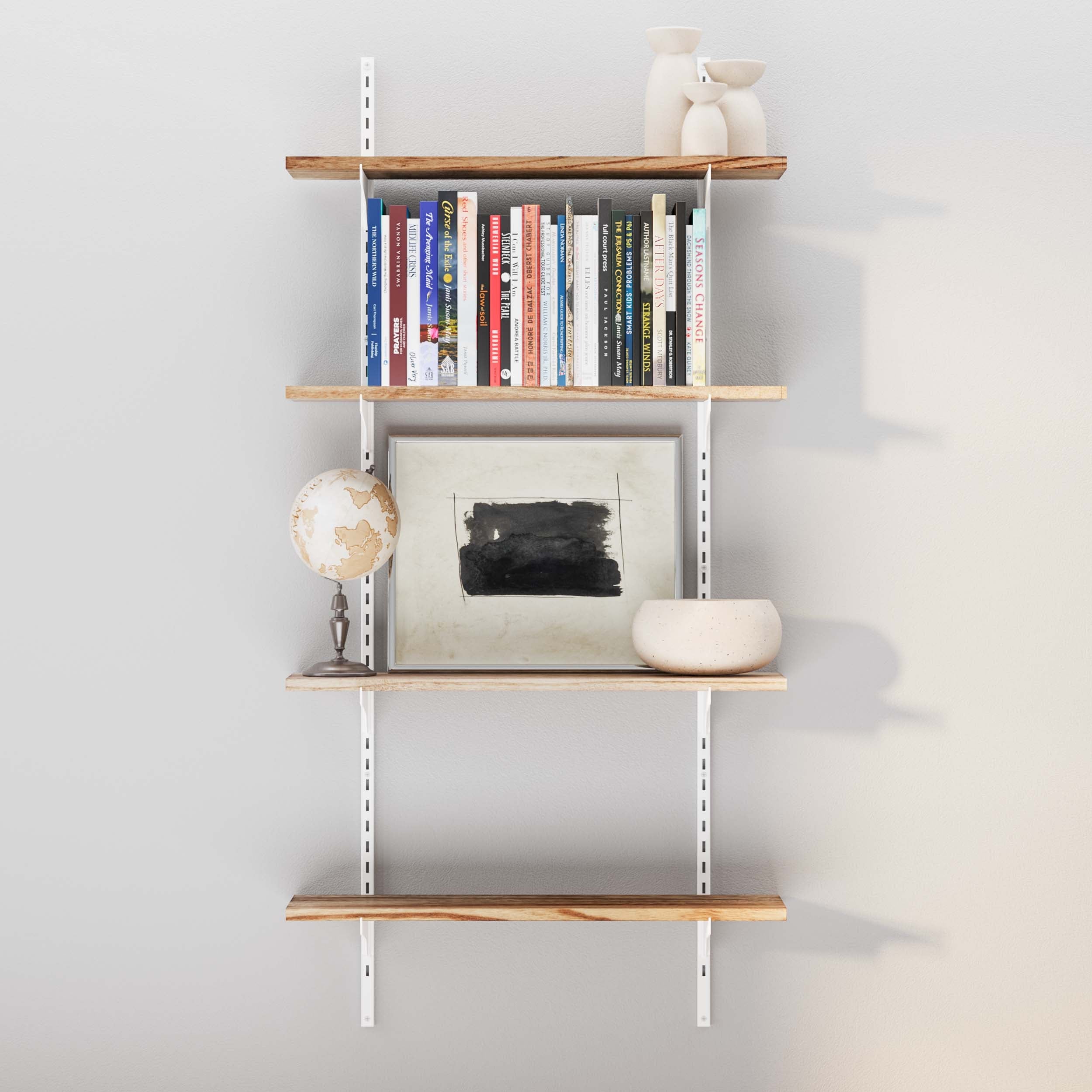 TURIN 24 inch 4-tier adjustable shelves in burnt finish on a studio apartment wall