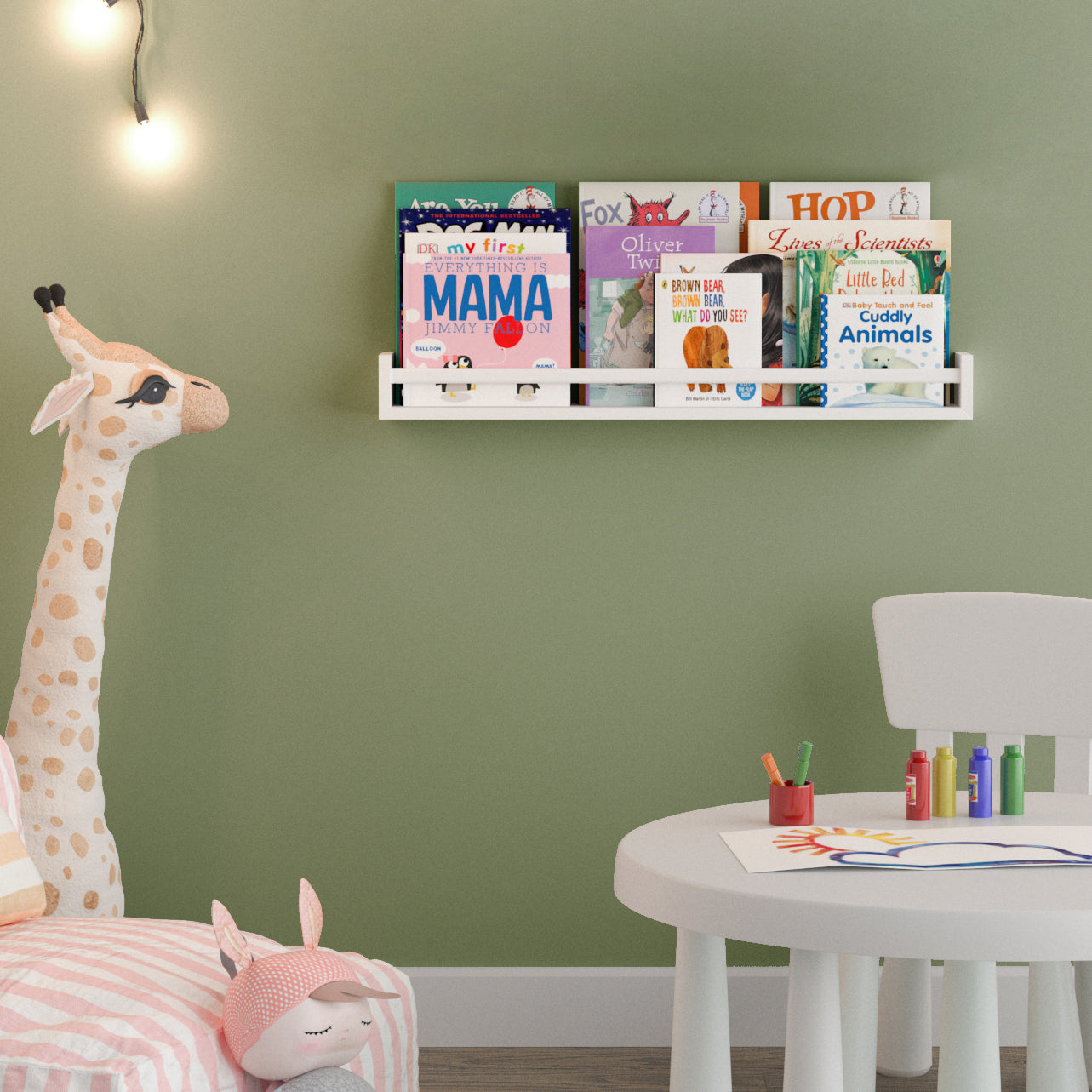 UTAH 32'' Kids Book Shelf in white, mounted in a child's bedroom with school books displayed cover-out