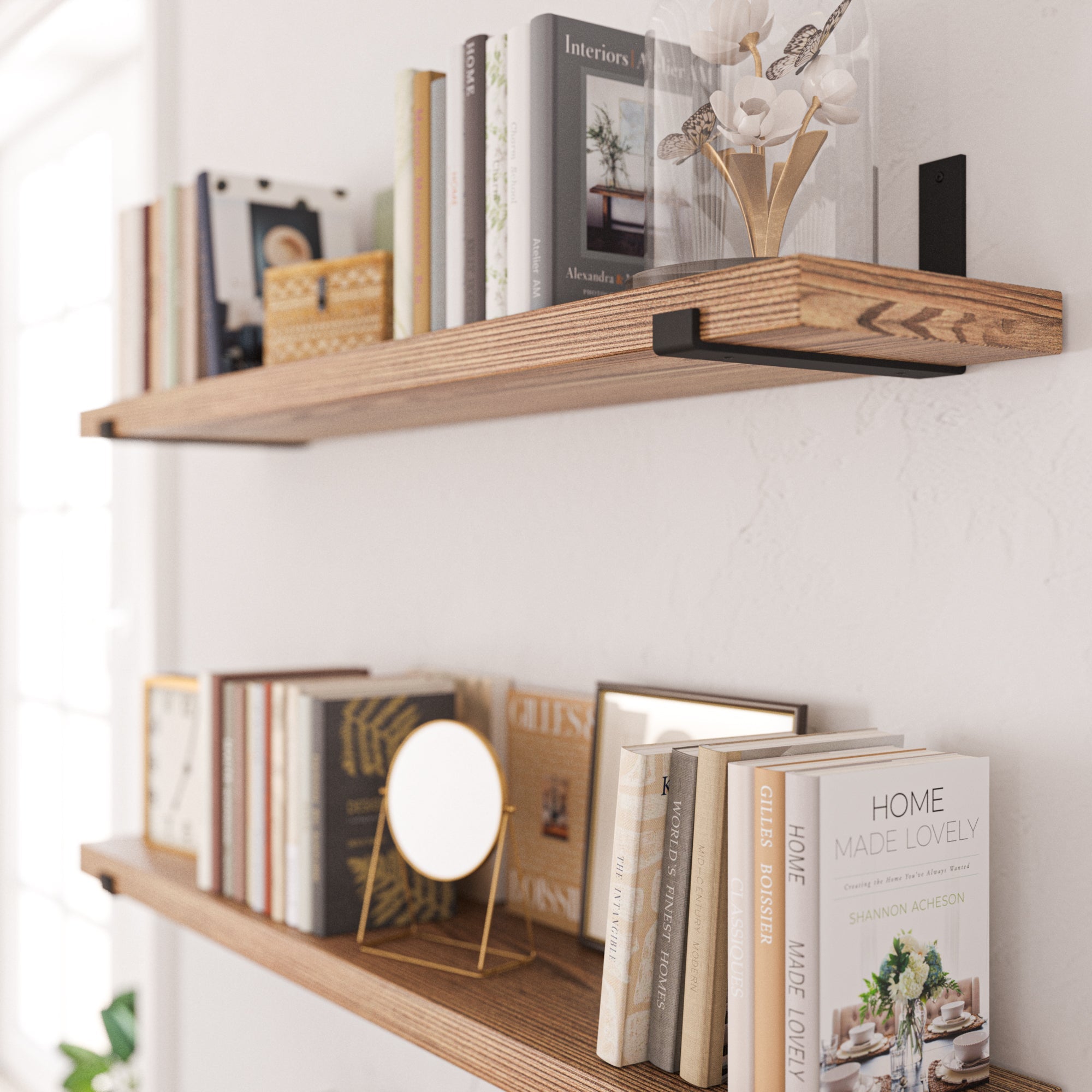 FORTE burnt wood floating shelf styled in a modern farmhouse living room