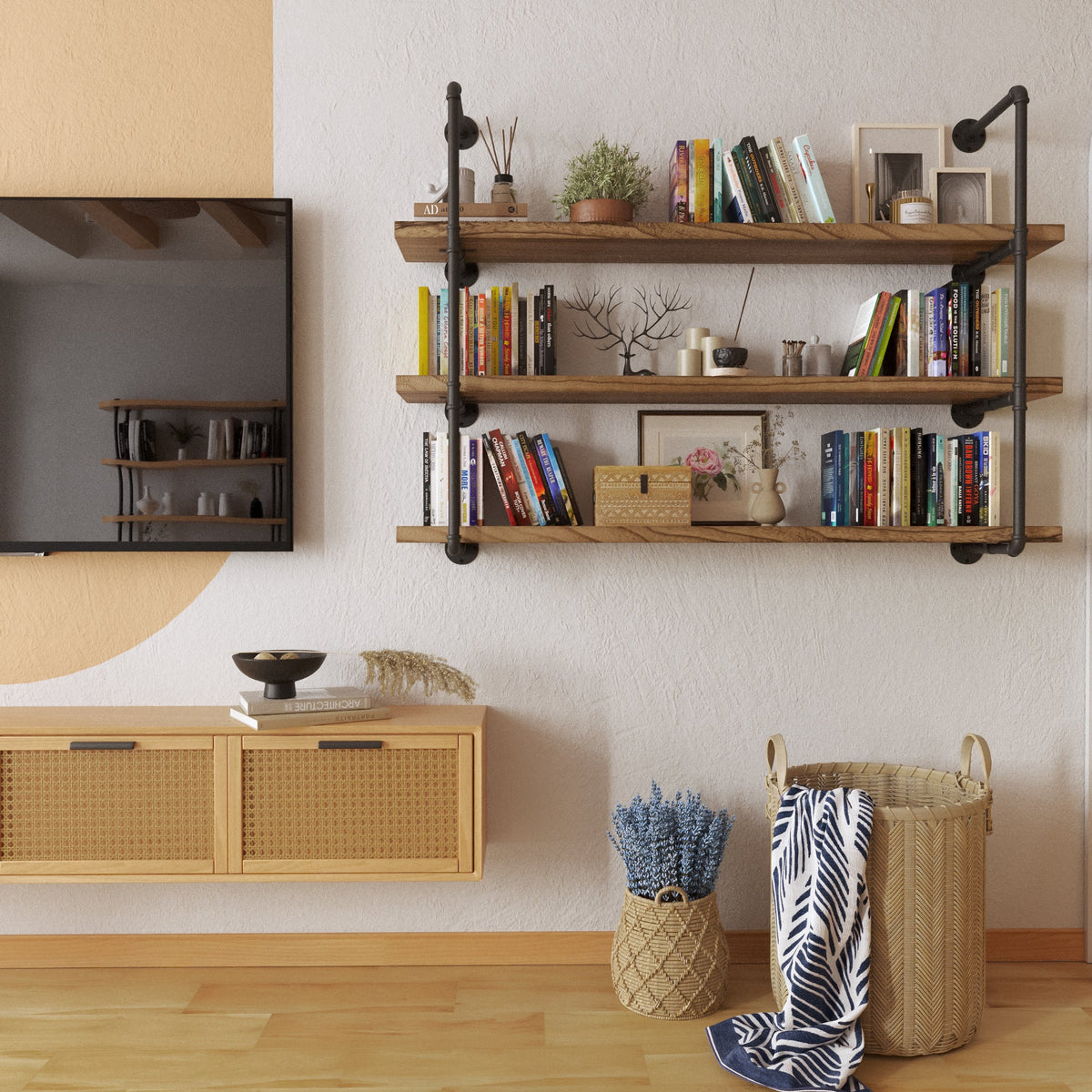 PIPE 60 inch bracket shelf with burnt boards styled with books and plants in a living room