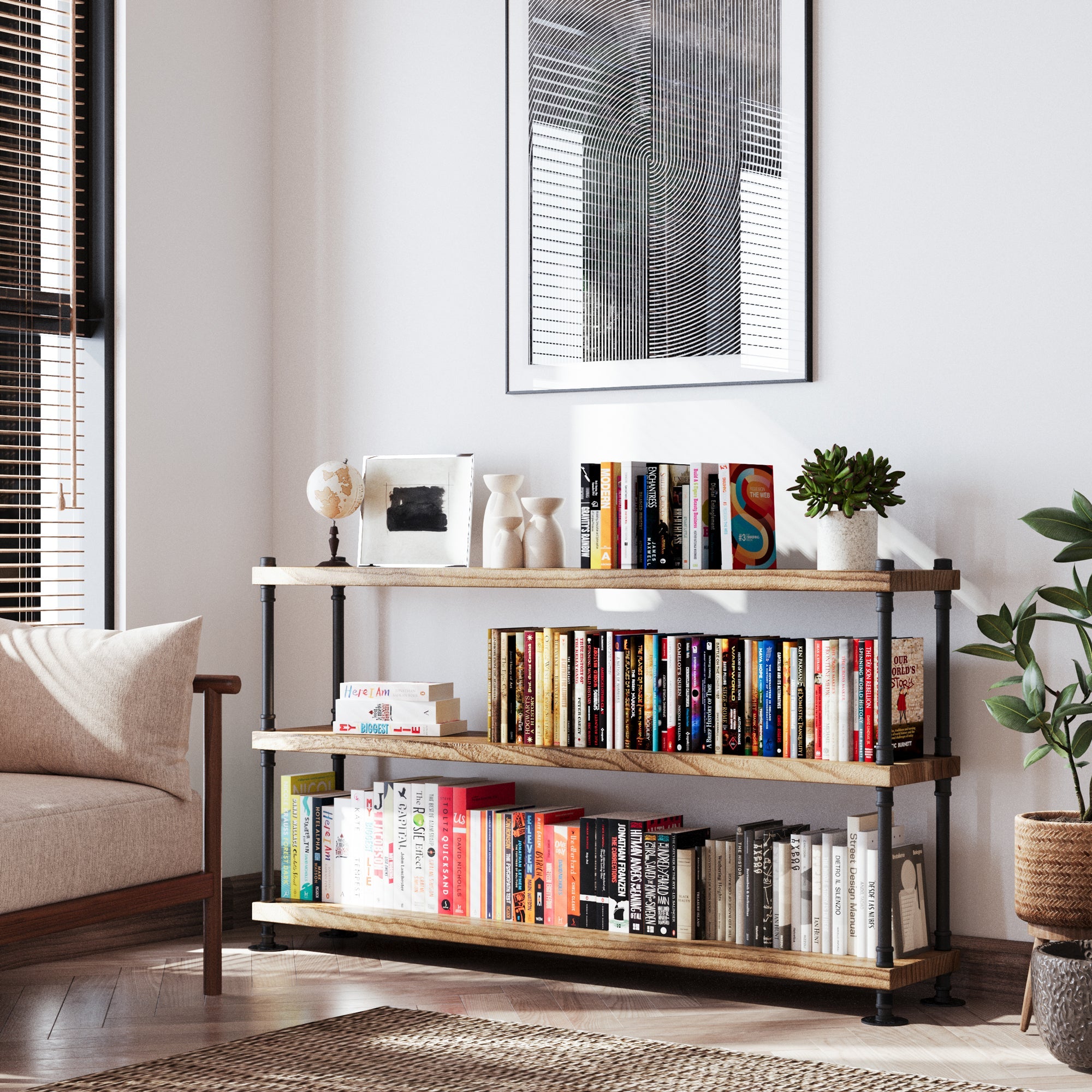Wallniture PIPE bookcase with burnt wood boards and black pipe frame in a loft-style living room