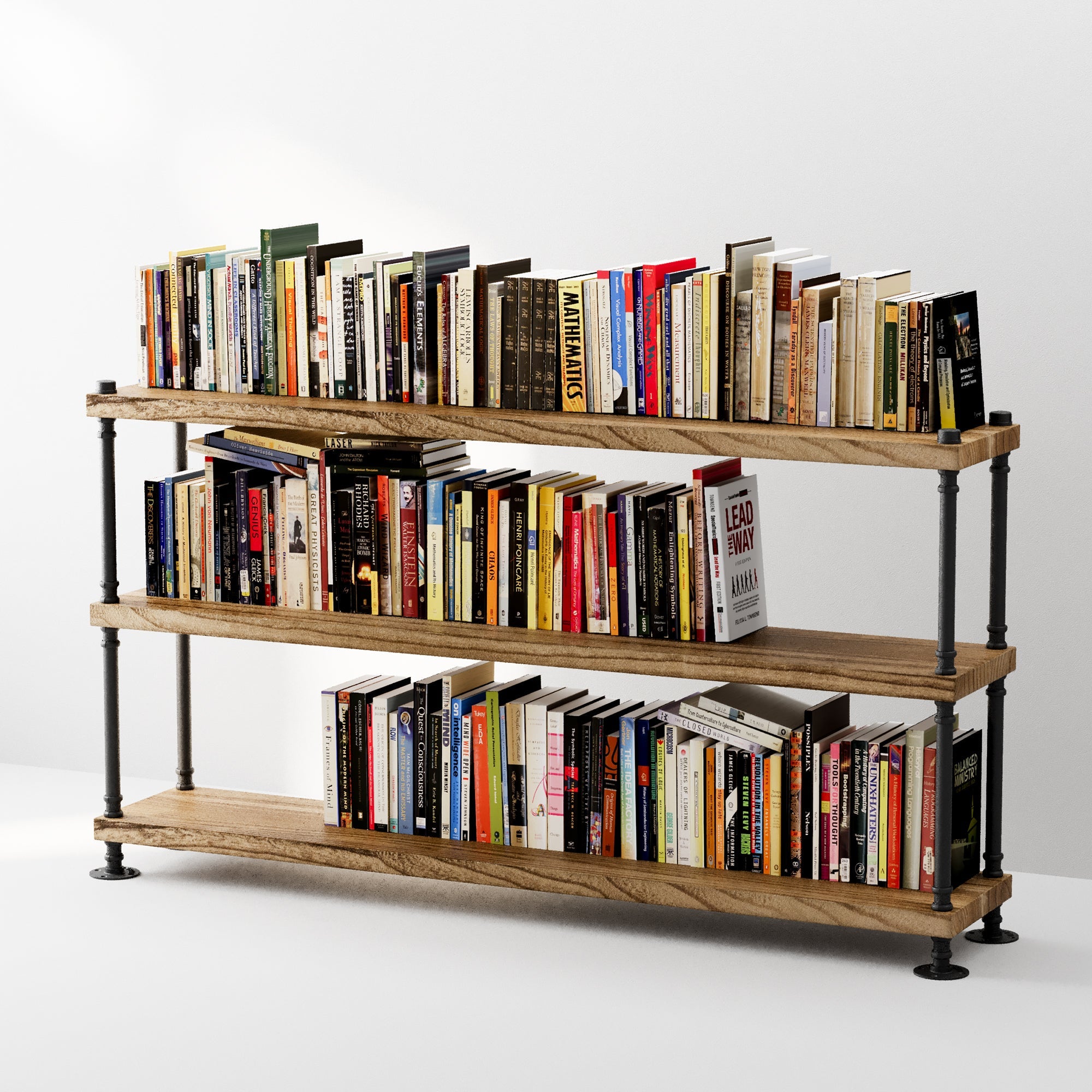 60 inch PIPE bookcase with black pipe brackets and burnt solid wood boards for a small apartment