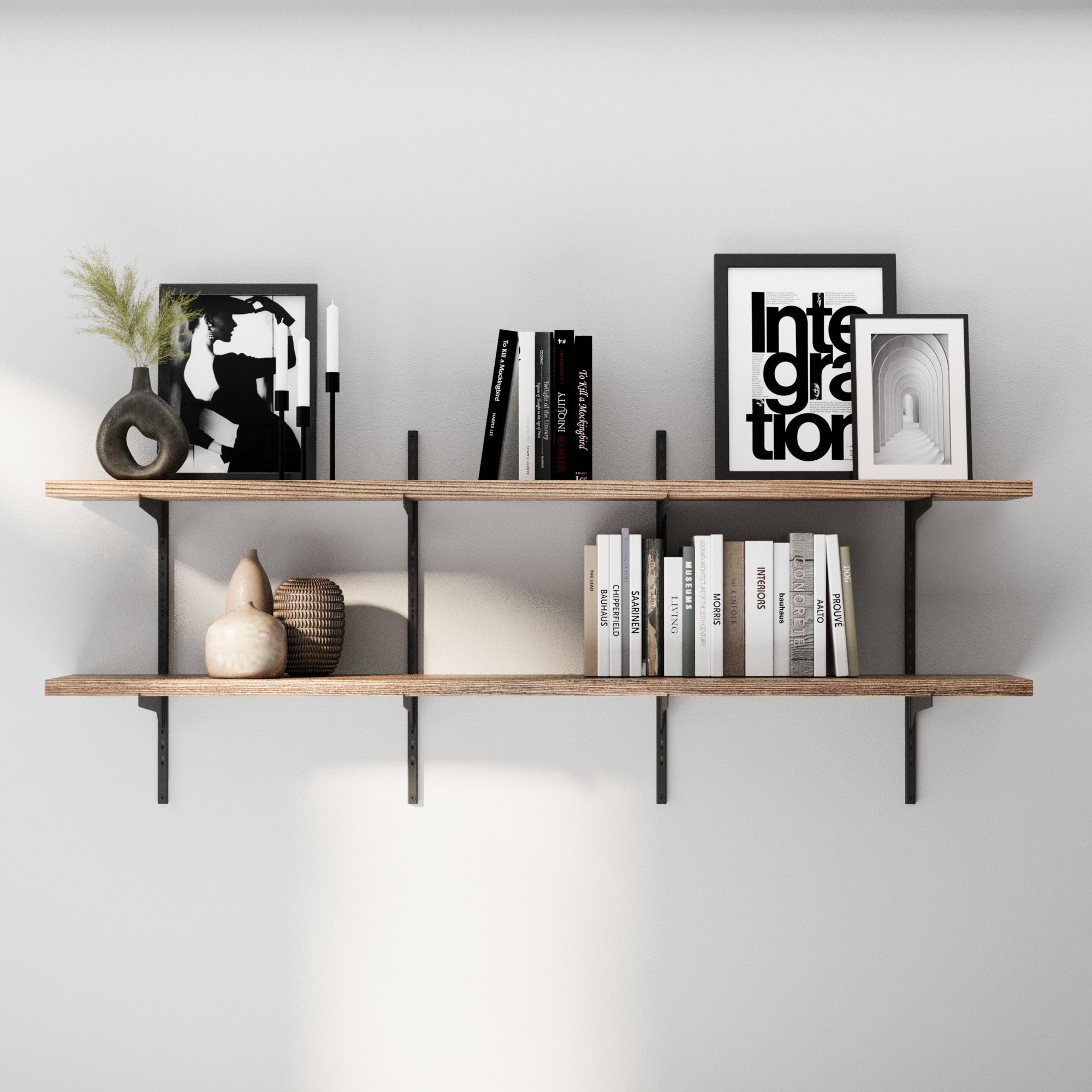 TURIN 60-inch adjustable wall shelves in Burnt finish with 10-inch deep solid wood boards
