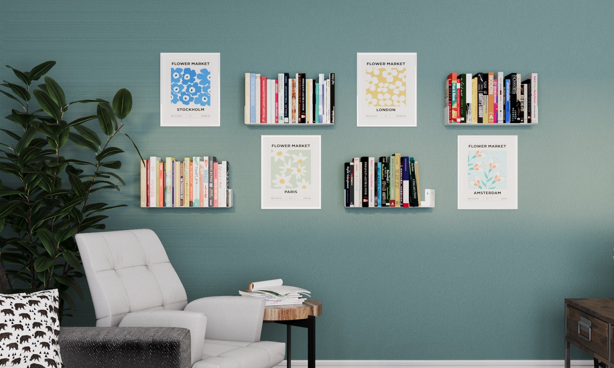 A tranquil reading corner with wall mounted metal shelves filled with books, interspersed with colorful artwork, in a cozy home setting.