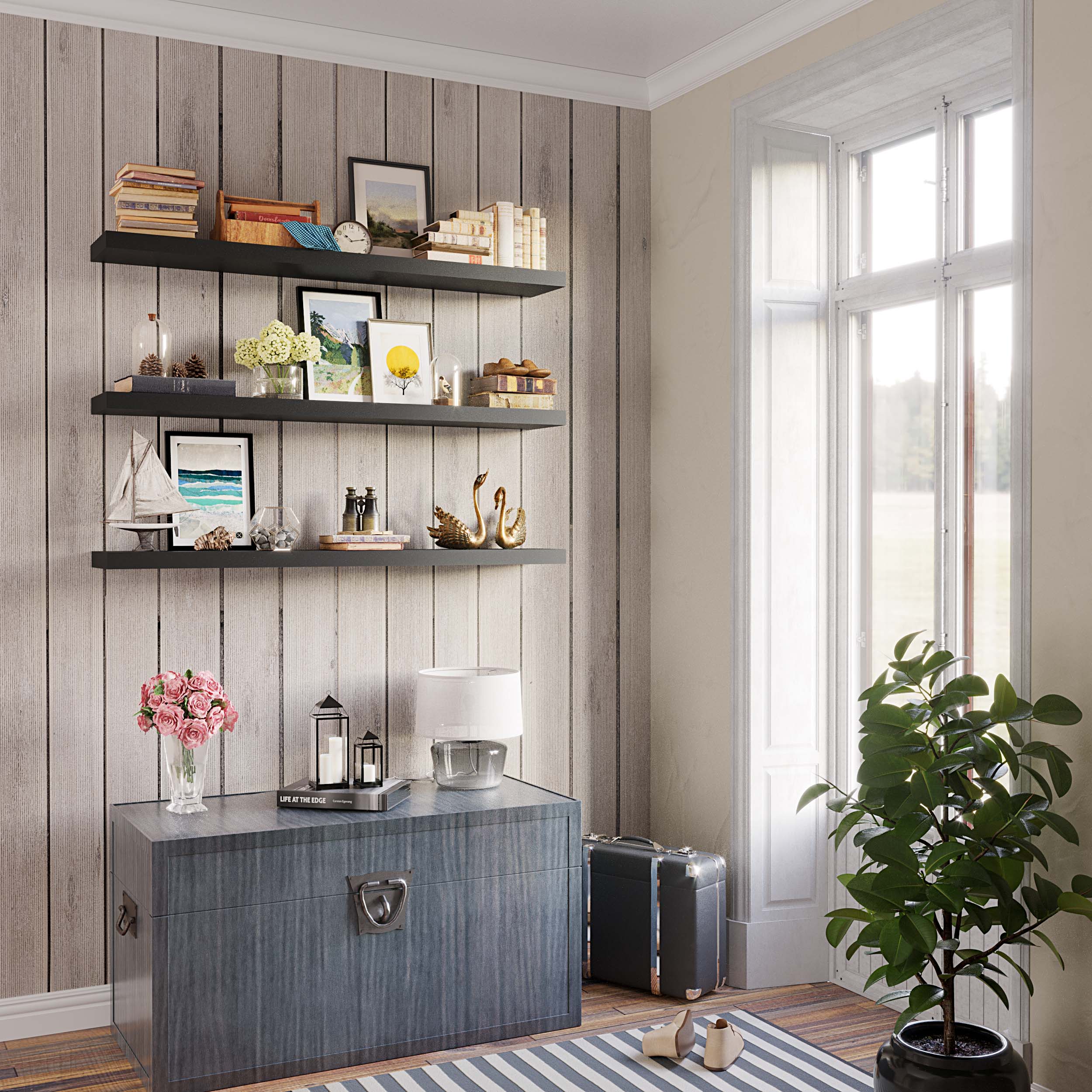 3 black shelves mounted on a rustic wall