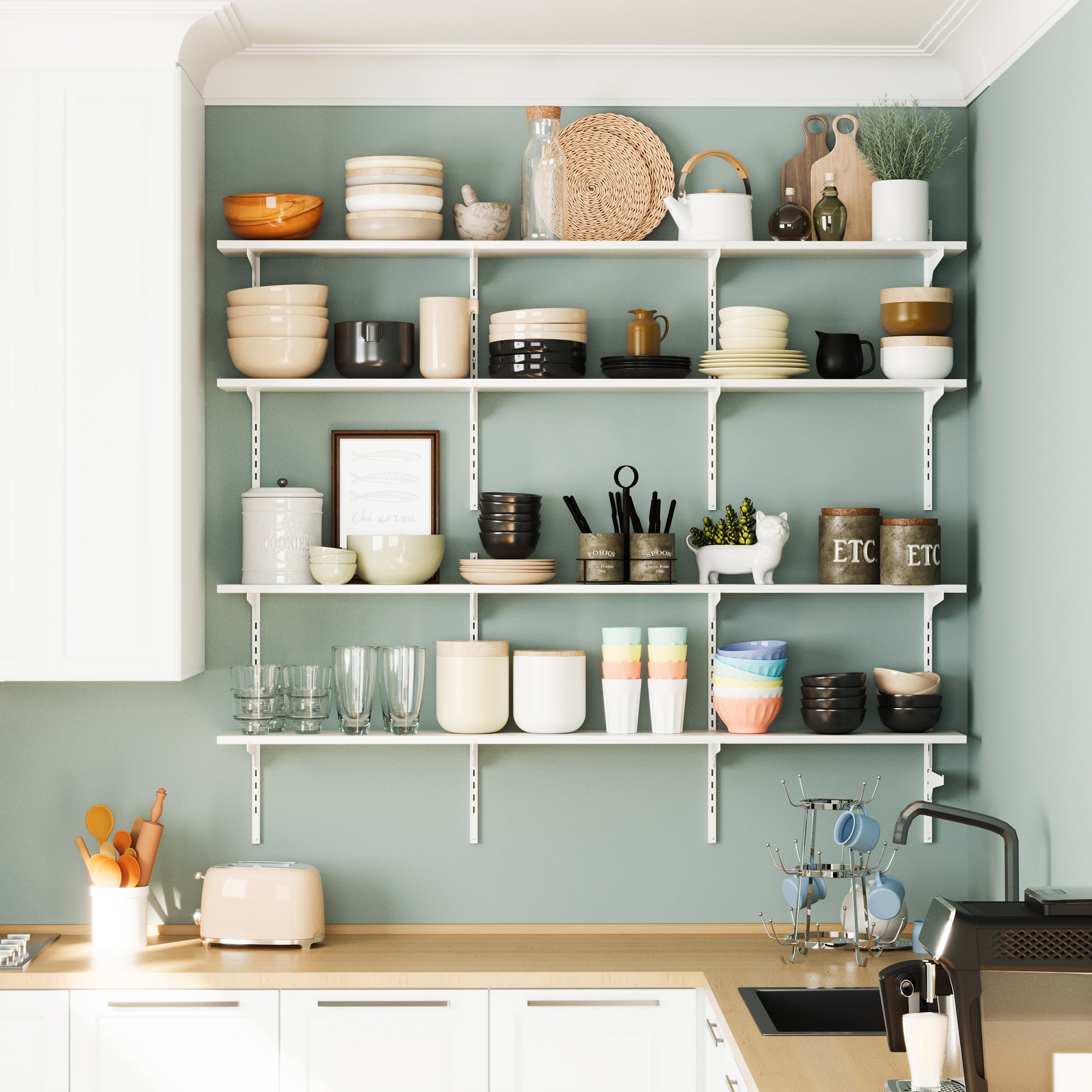 A kitchen wall fitted with multiple white adjustable shelves, neatly arranged with various kitchen items including plates, bowls, cups, and utensils, complementing the space's modern aesthetic.