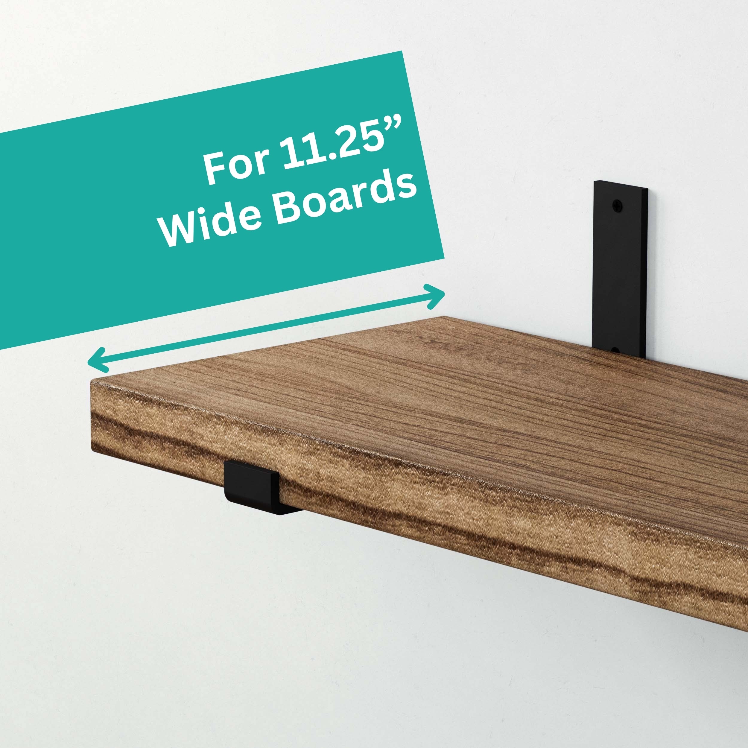 A wall-mounted l shelf bracket supporting an 11.25" wide board. The bracket is fastened to the wall for durability.