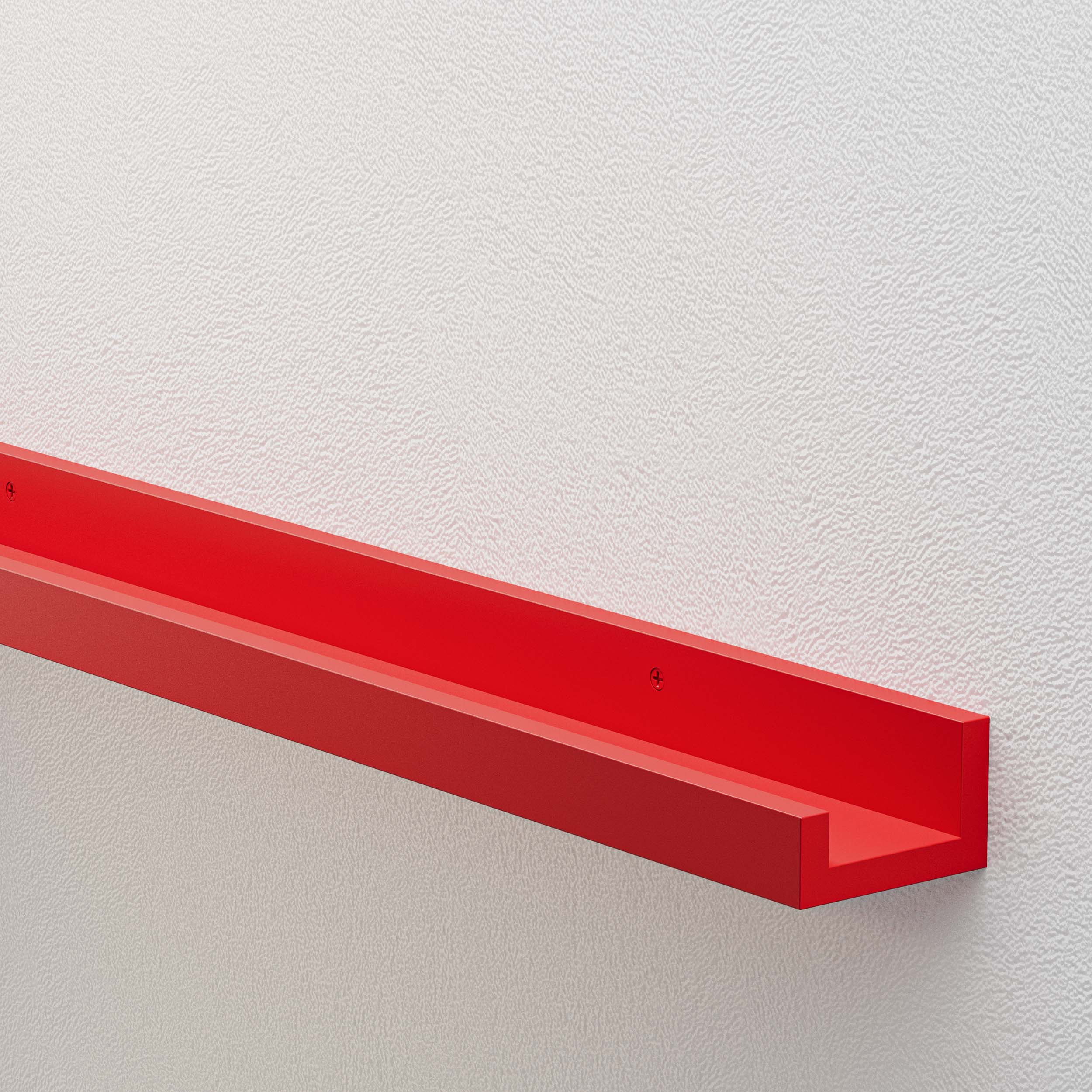 a floating shelf in a bold, classic red color, mounted on a wall. The vibrant red hue gives the shelf a striking and dynamic appearance, making it an excellent choice for adding a strong visual element to a room, especially in playful or modern interiors.