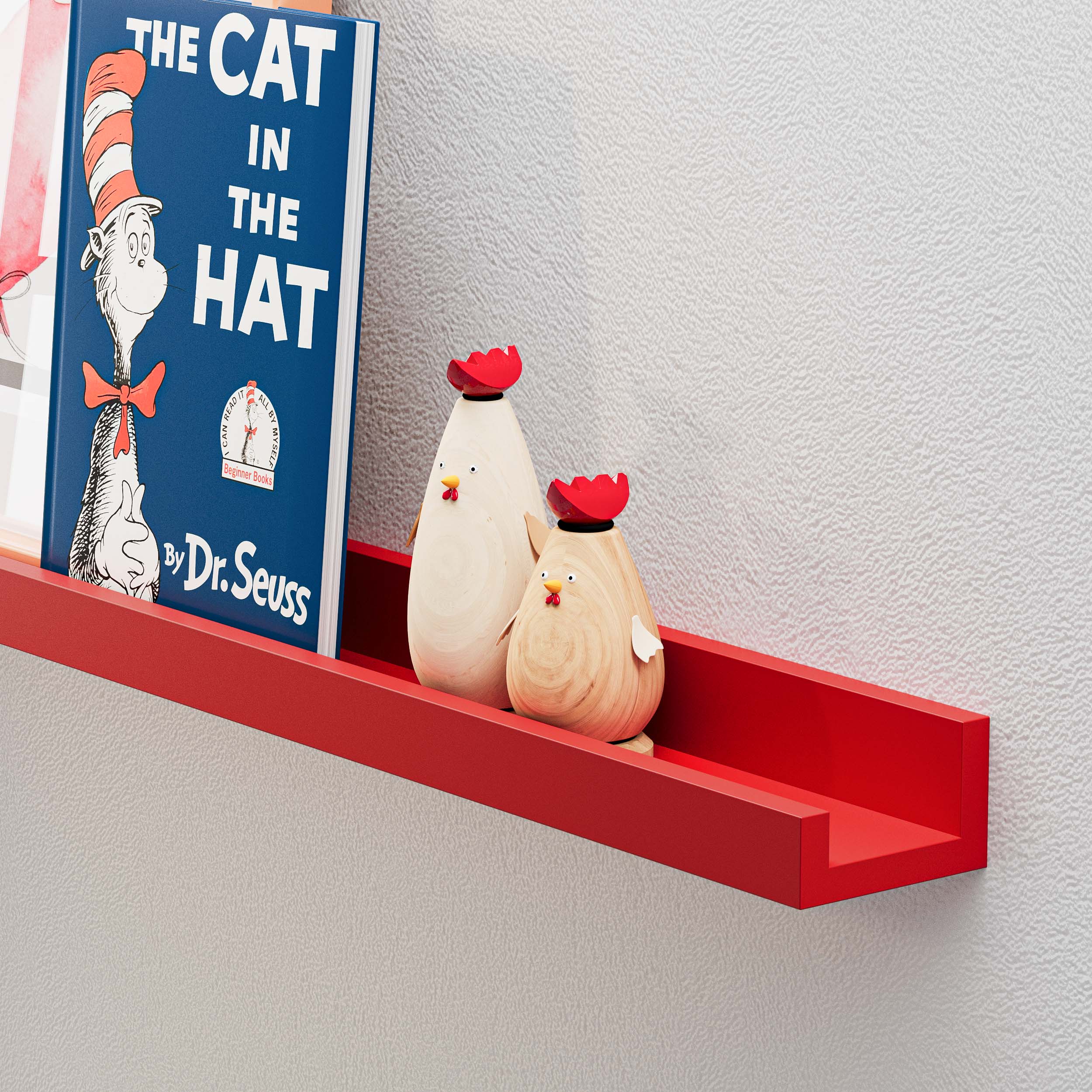  classic red shelf in use, featuring items such as a children's book titled "The Cat in the Hat" and a pair of decorative wooden chickens. The scene emphasizes the shelf's functionality and decorative appeal, particularly in a child's room where it can be used to display books and playful decor.