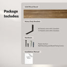 A product packaging breakdown showing the components of the 60" and 72" Wallniture Cervo shelves, including solid wood boards, heavy-duty brackets, wall anchors, screws, and an installation manual.