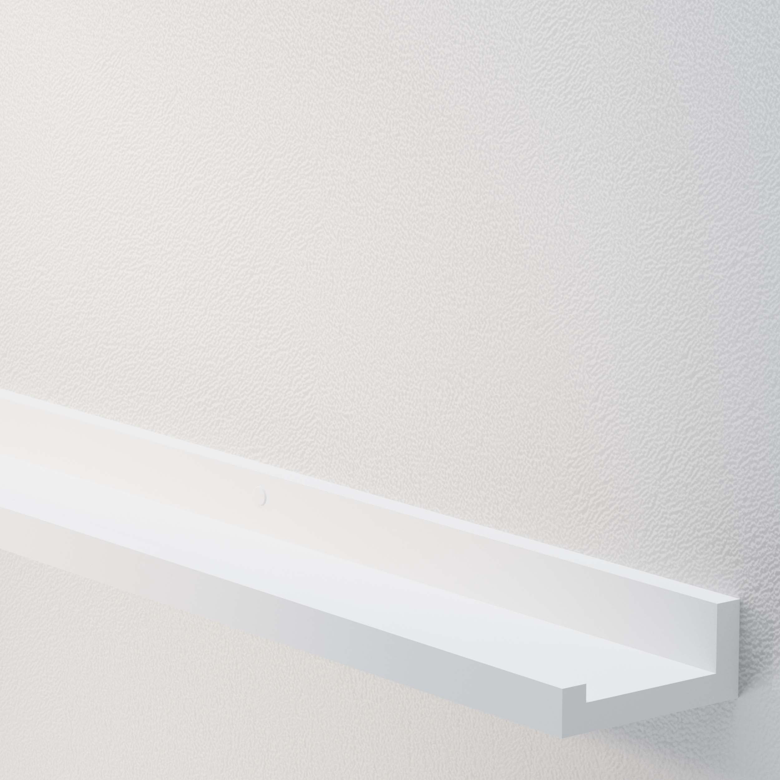 Empty white floating shelf on a textured wall.