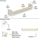 Detailed dimension diagram of the wall book shelf, showcasing measurements: 24" width, 4.3" height, 4" depth, and 0.9" rod thickness. The package includes an installation guide, Allen key, metal anchors, steel screws, and a mini level.