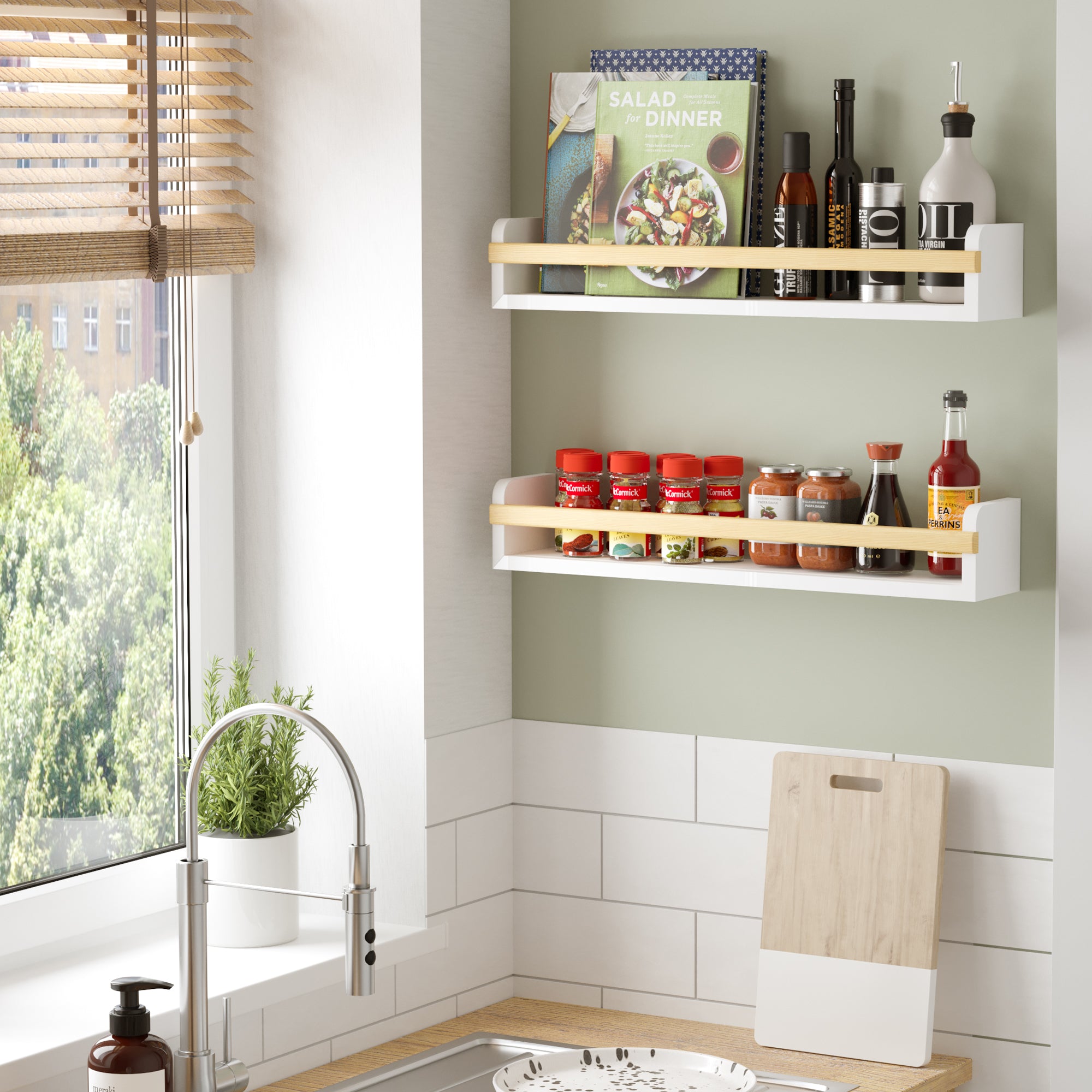 Two white kitchen storage shelves in a kitchen setting, filled with cookbooks, spices, and condiments. Positioned near a window, providing a functional and stylish storage solution for cooking essentials.