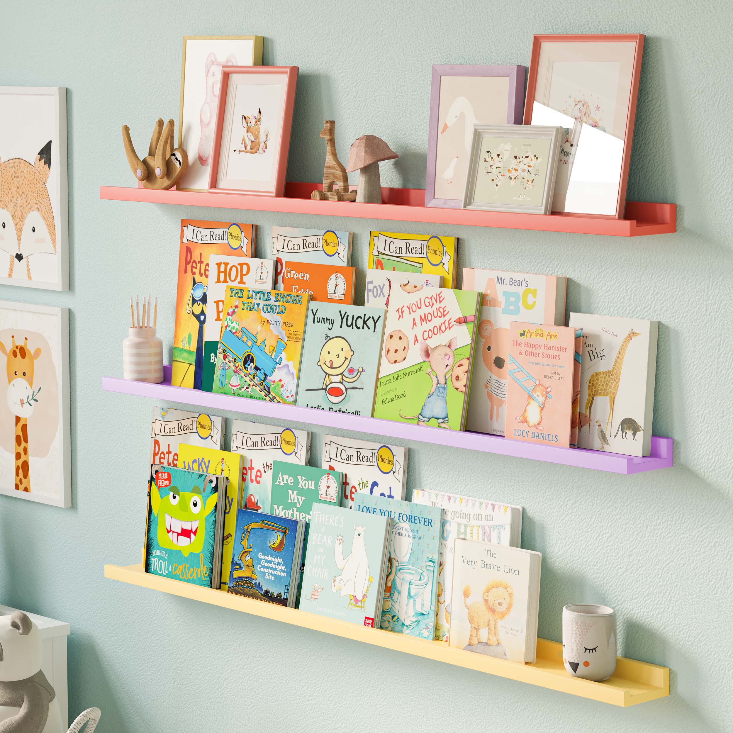  colorful wall-mounted nursery bookshelves filled with children's books. The vibrant pastel-colored shelves not only serve as functional storage but also add a decorative element to the room. Various framed pictures and small decorative items like a wooden mushroom and animal figurines are also displayed on the shelves.