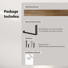 Package contents for wall book shelves. It includes a solid wood board, heavy-duty brackets (2 for 48"/60", 3 for 72"/84"), hardware like screws and anchors, and an installation manual for easy setup.