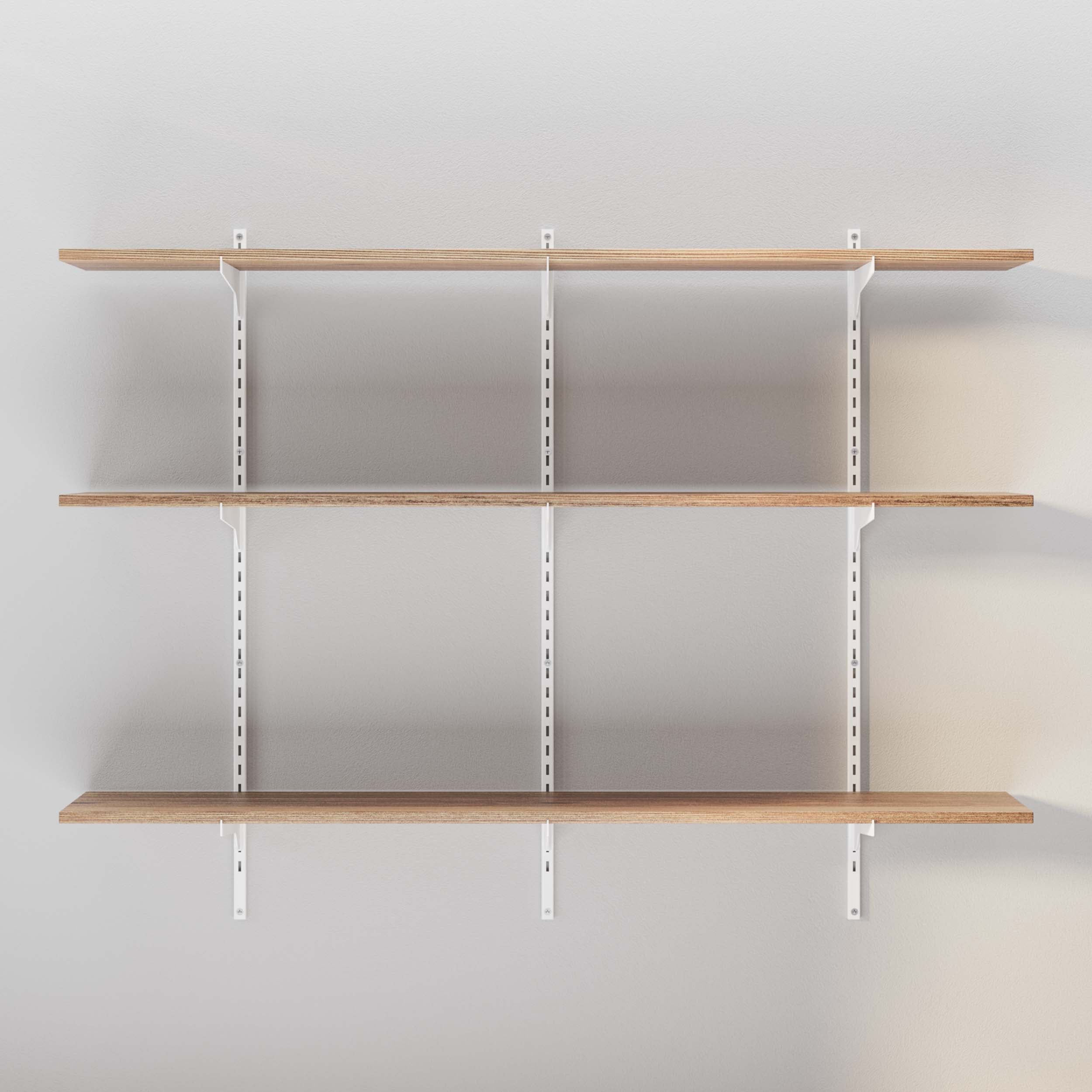 Empty wood shelf with white vertical supports, awaiting personal items for display.