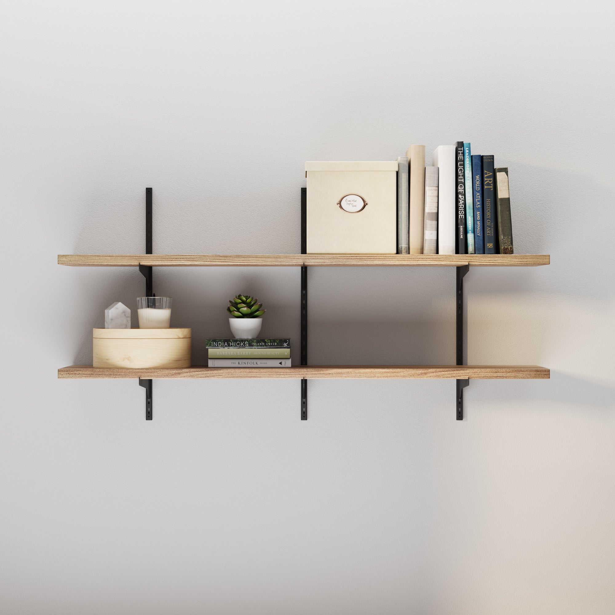 48'' decorative shelving unit styled with books, decorative items, and a small plant, showcasing an organized and aesthetic arrangement.