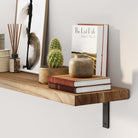 A close-up of a display shelf with books, a potted cactus, decorative boxes, a framed abstract artwork, and a reed diffuser.